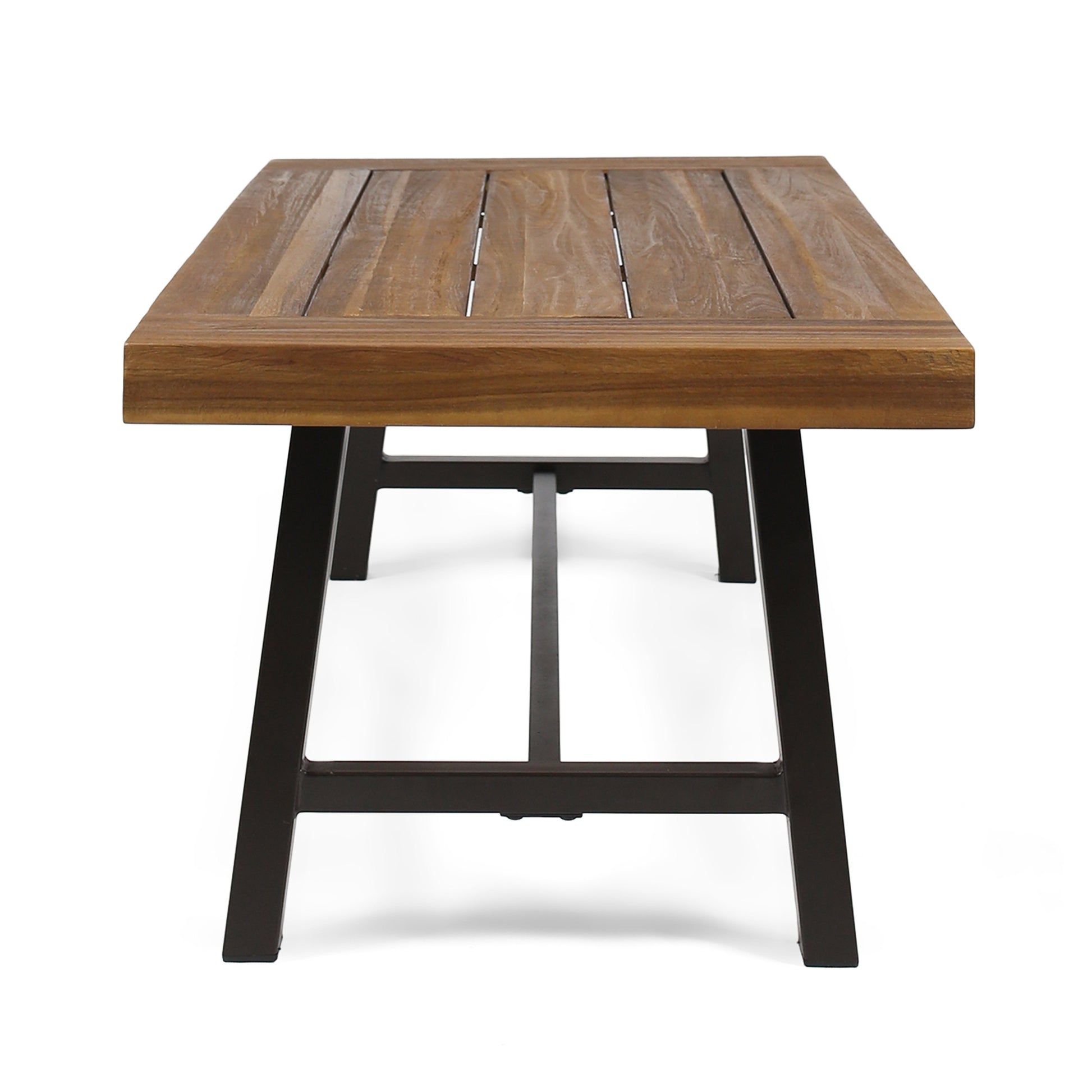 Rustic reclaimed wood coffee table with a dark metal frame perfect for modern living spaces