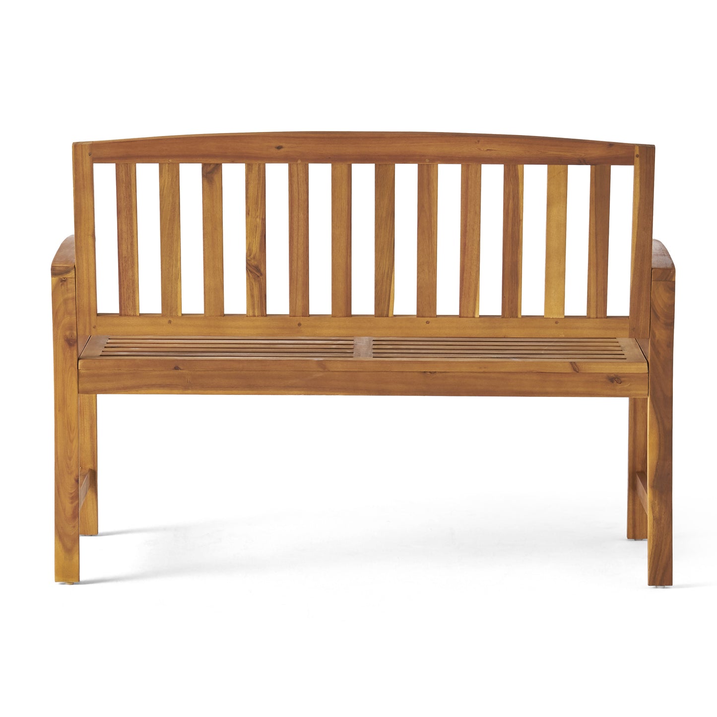 Wooden garden bench with slatted seat and curved back