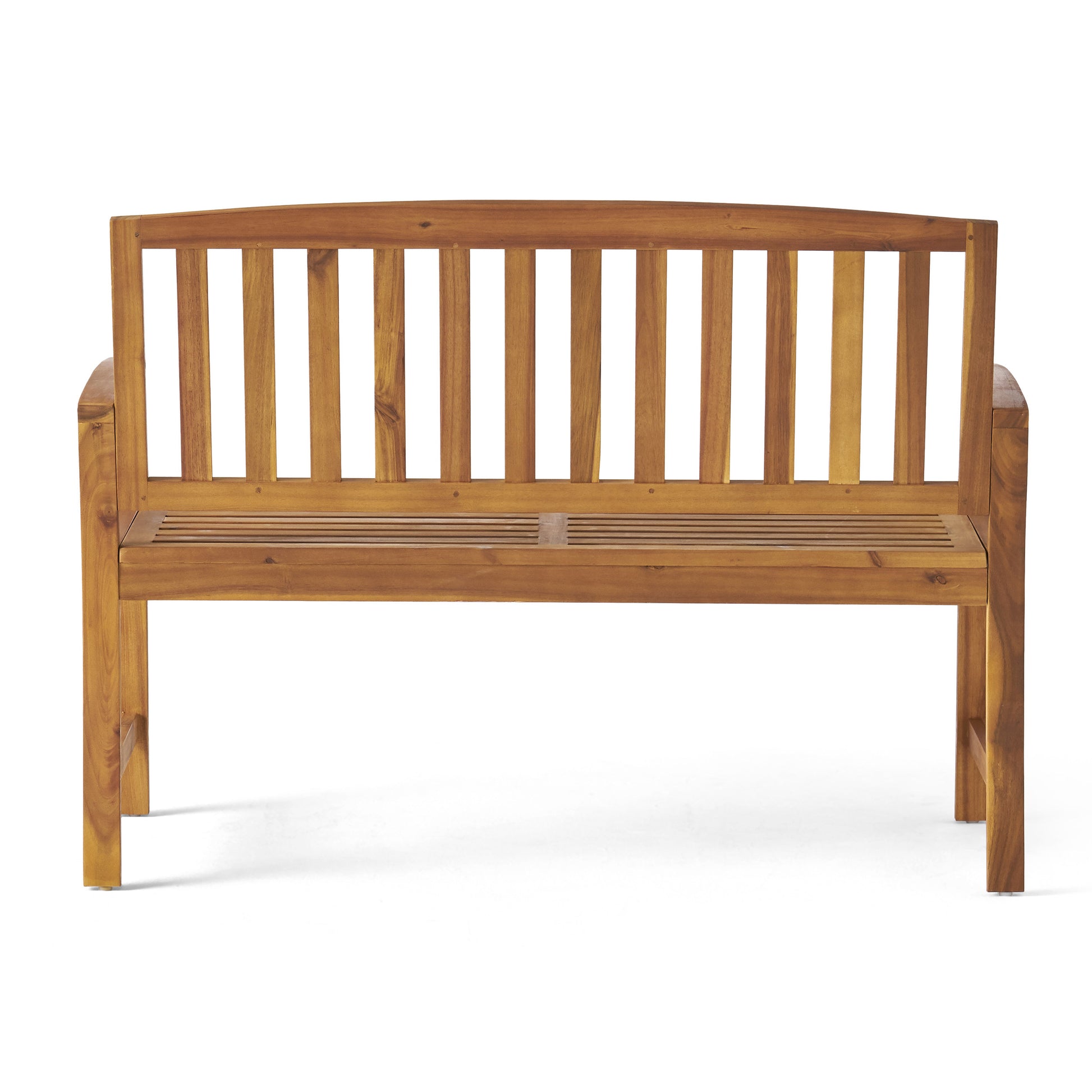 Wooden garden bench with slatted seat and curved back