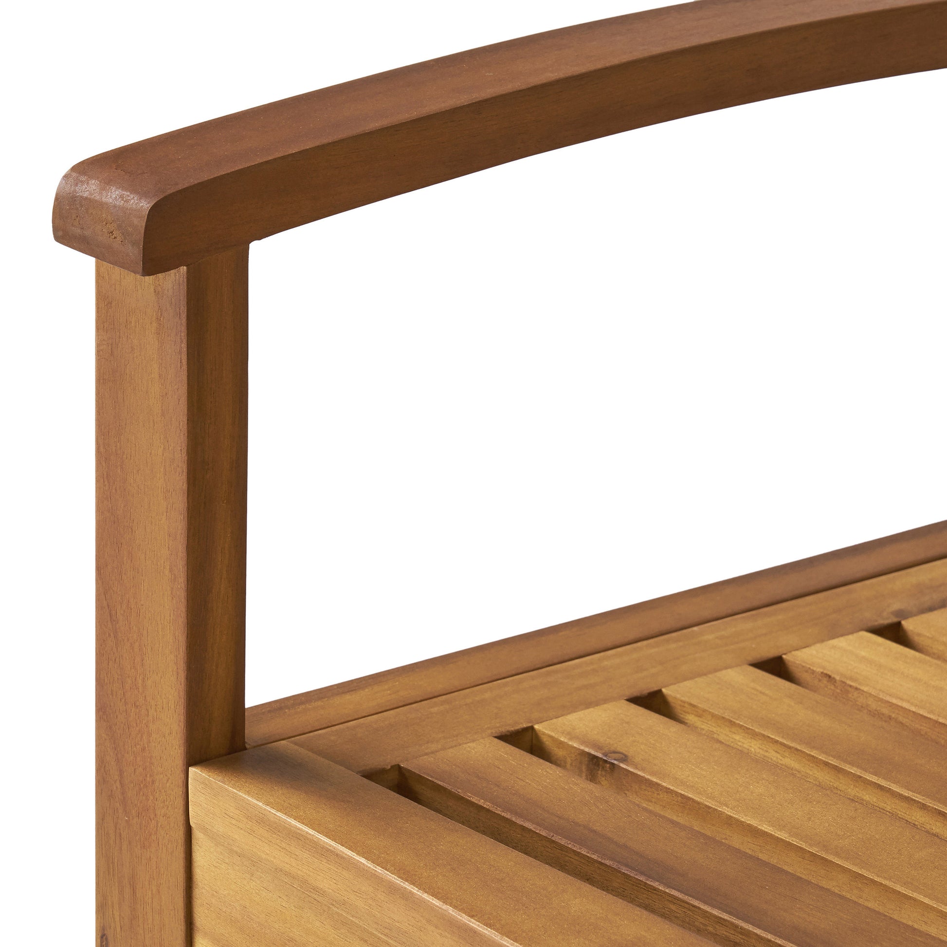 Closeup of warmtoned natural wood bench armrest and slats
