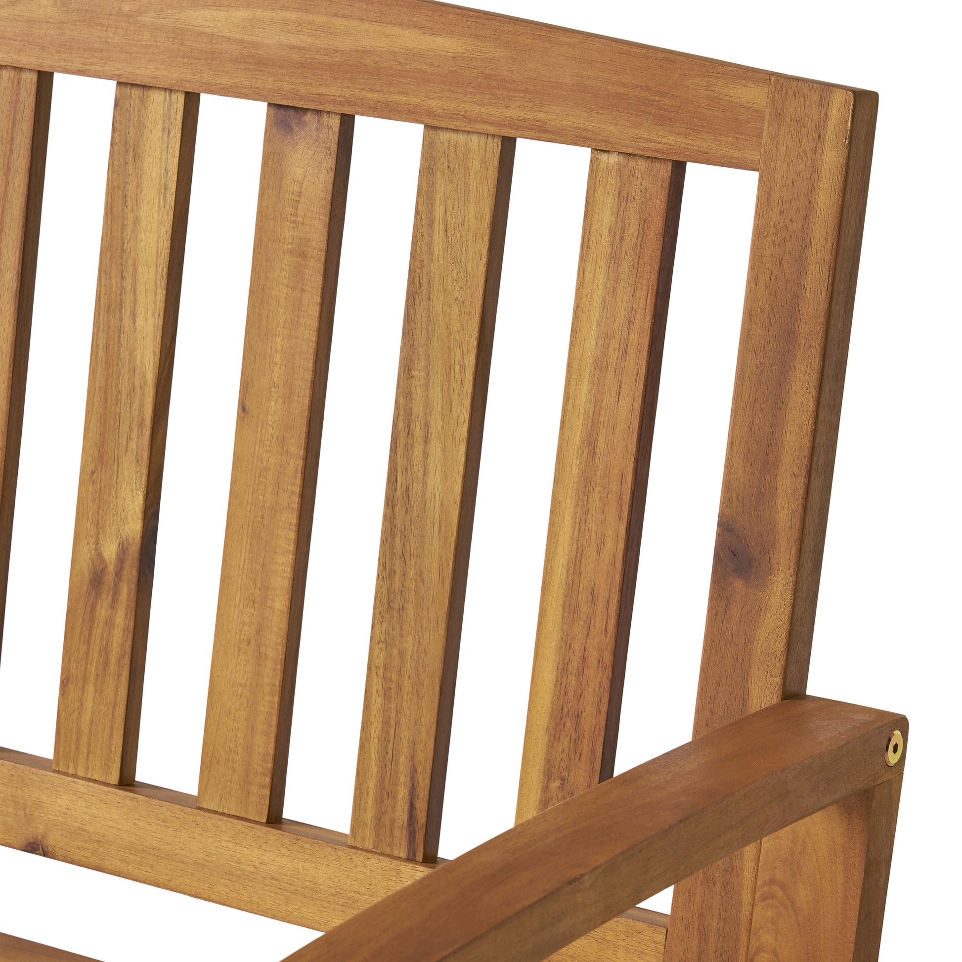 Detail of a slatted wooden garden bench natural acacia wood