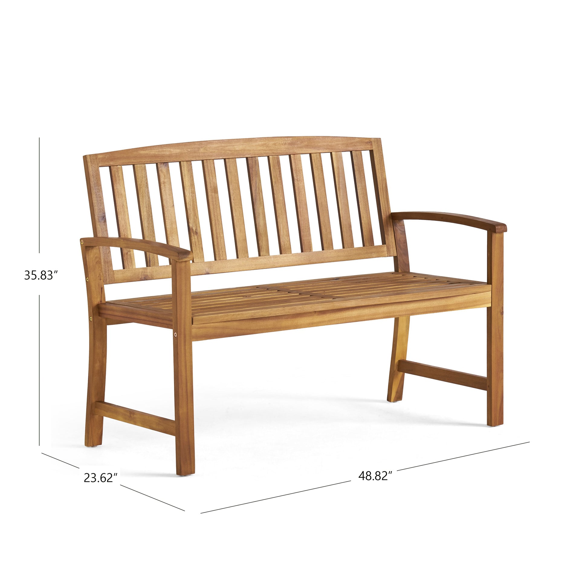 Acacia wood outdoor bench with slatted seat and backrest in natural finish