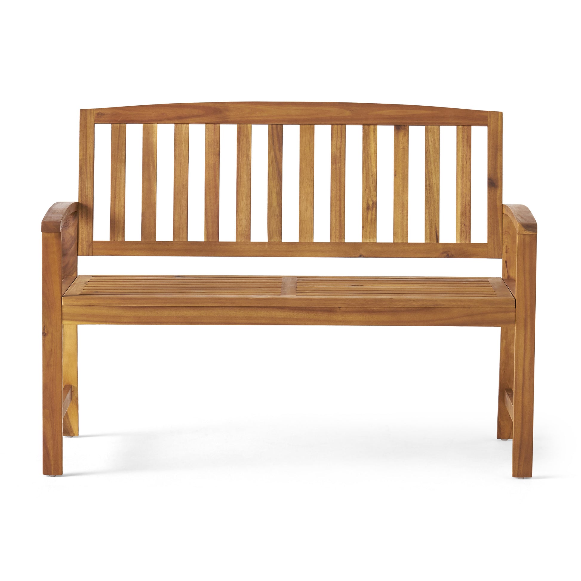 Wooden outdoor bench with slatted seat and backrest on white background
