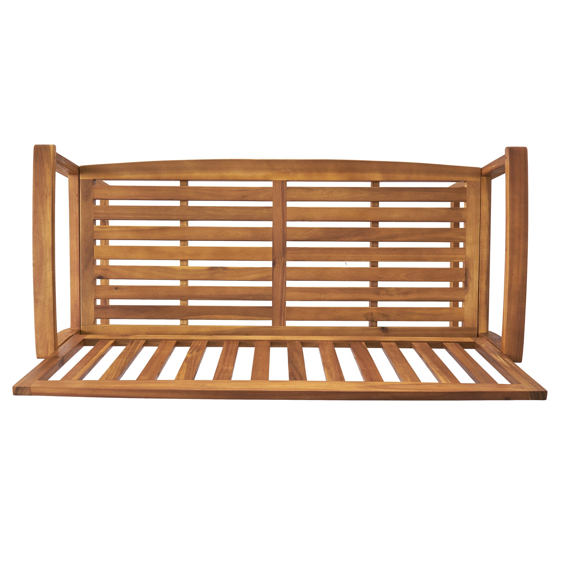 Wooden porch swing with slatted seat and back perfect for outdoor relaxation