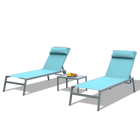 Aqua blue mesh chaise lounge chairs with gray frames on a white background