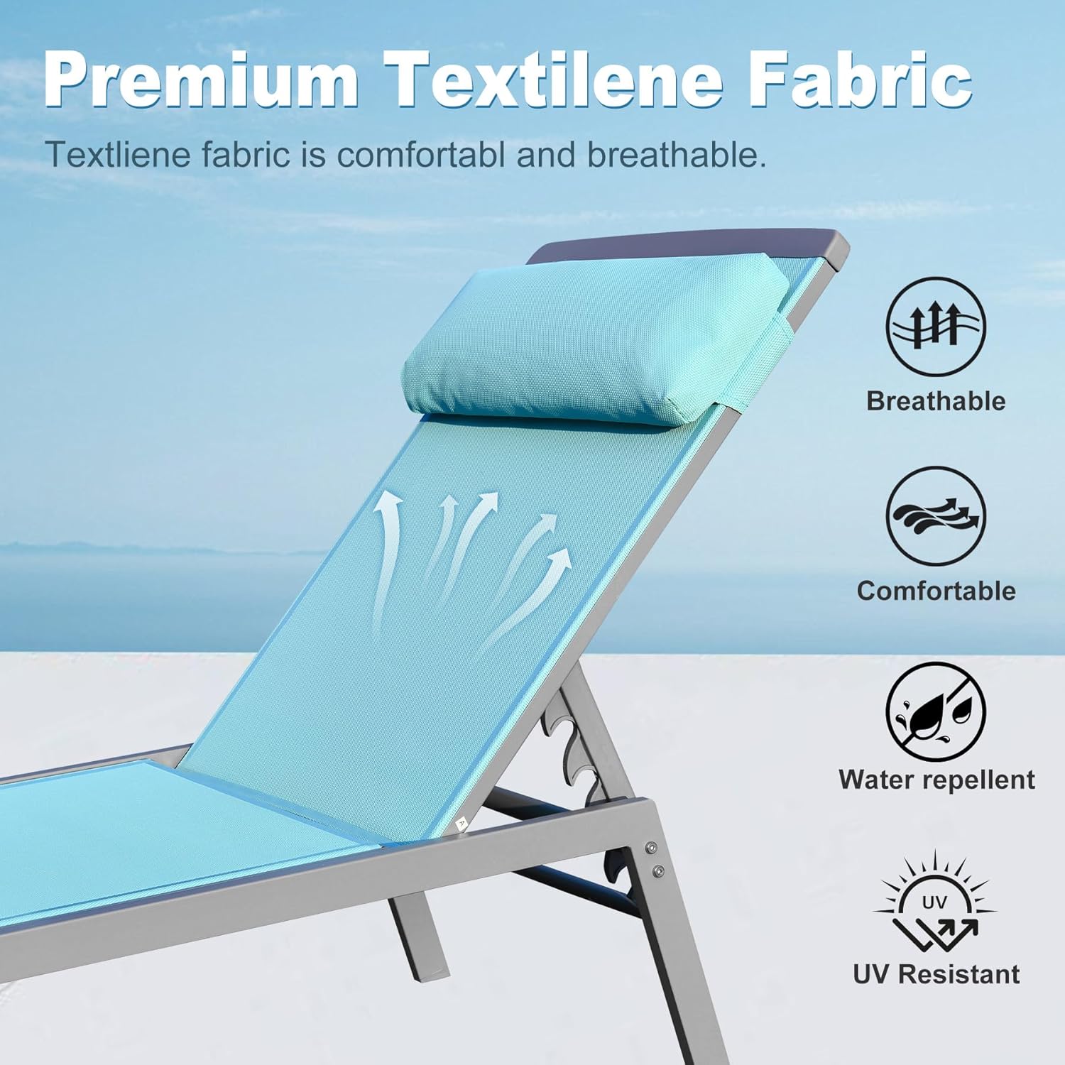 Light blue recliner with breathable textilene fabric and adjustable headrest