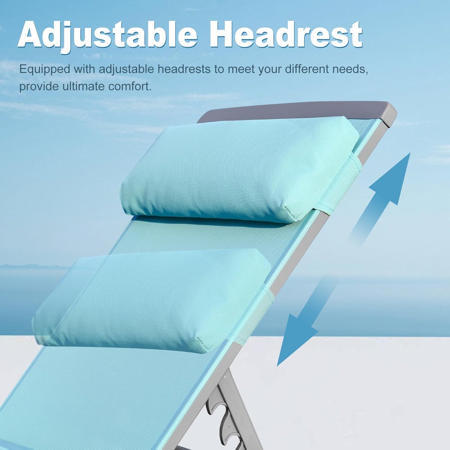 Closeup of light blue adjustable headrest cushion on a lounge chair