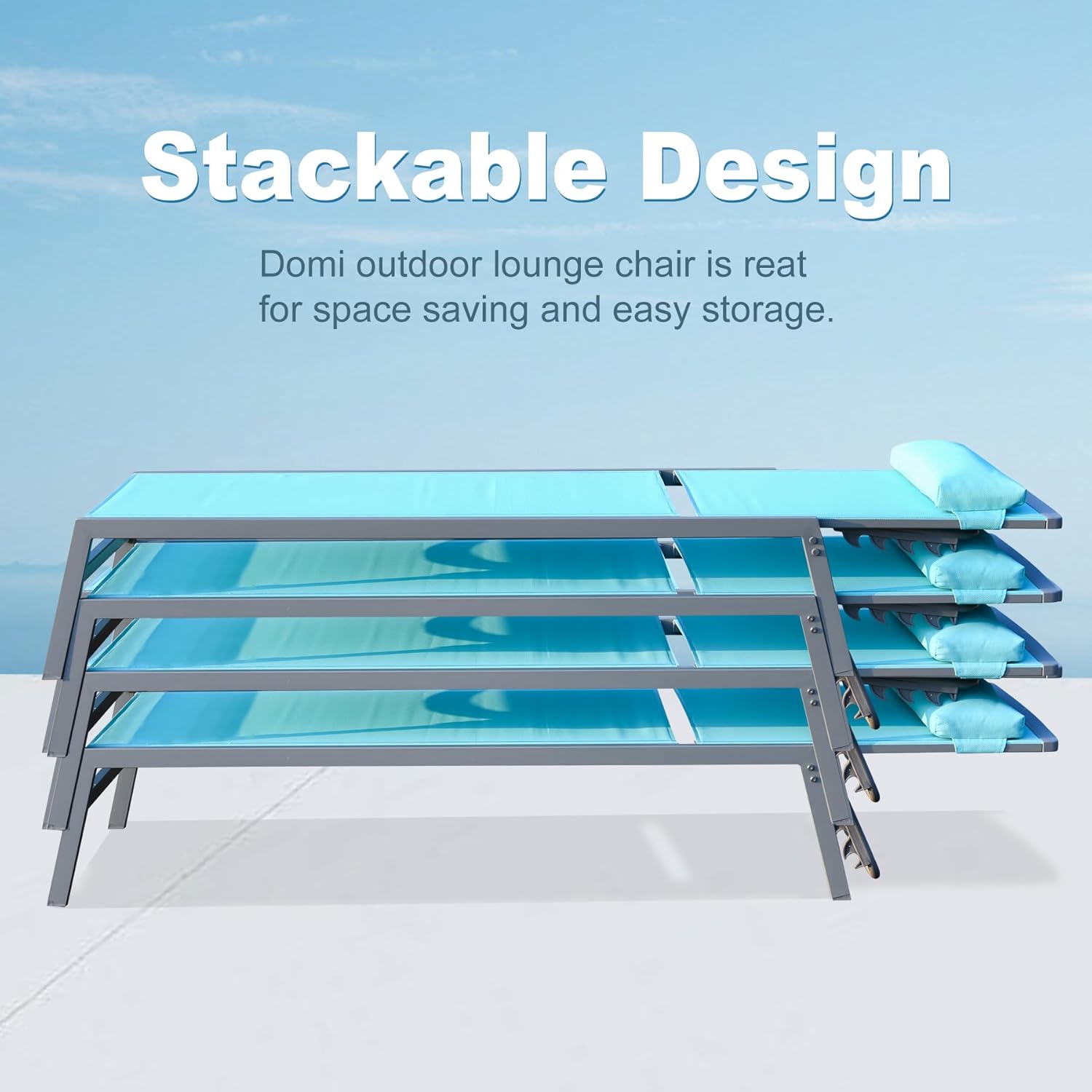 Three stackable blue outdoor lounge chairs with gray metal frames and attached pillows for easy patio storage