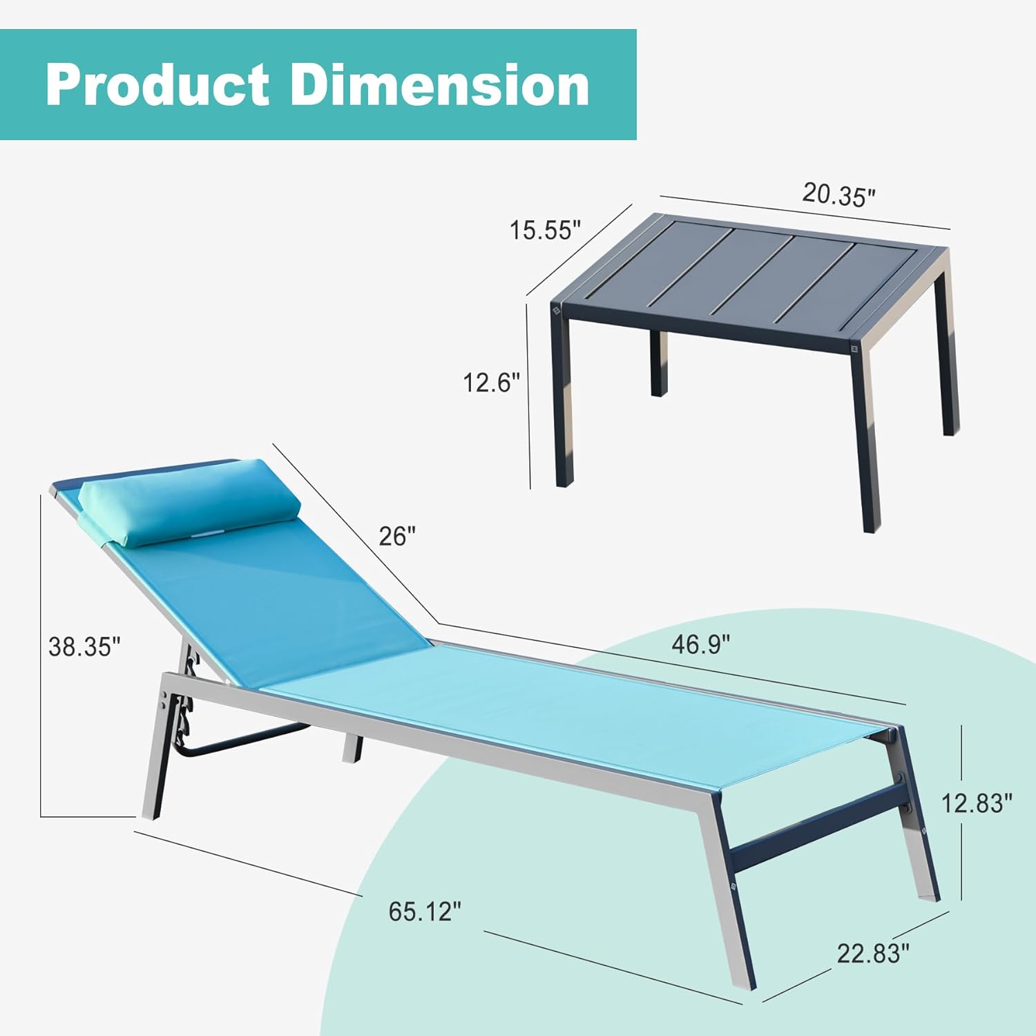Adjustable chaise lounge with blue fabric and pillow dimensions shown