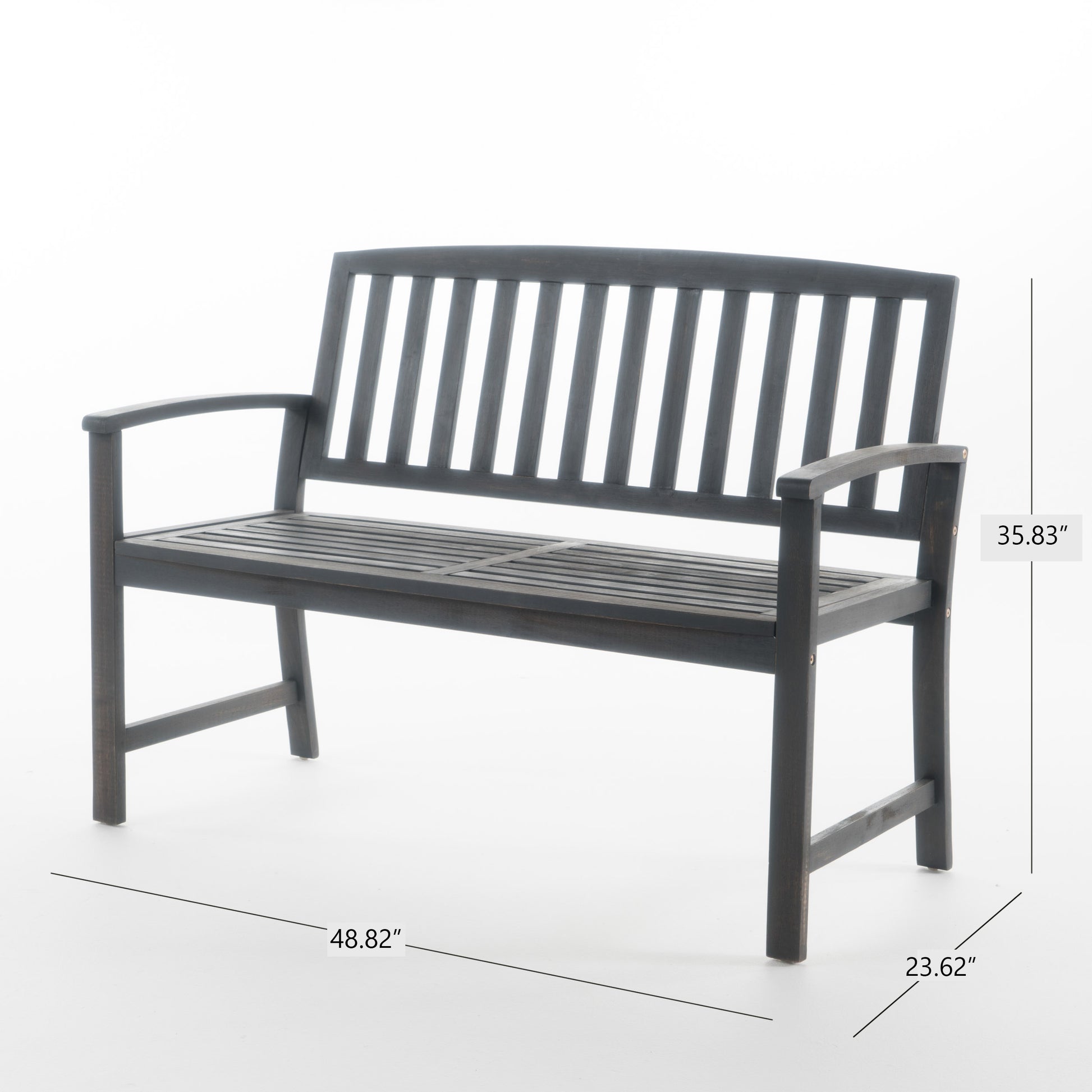 Dark gray wooden garden bench with slatted seat and back armrests