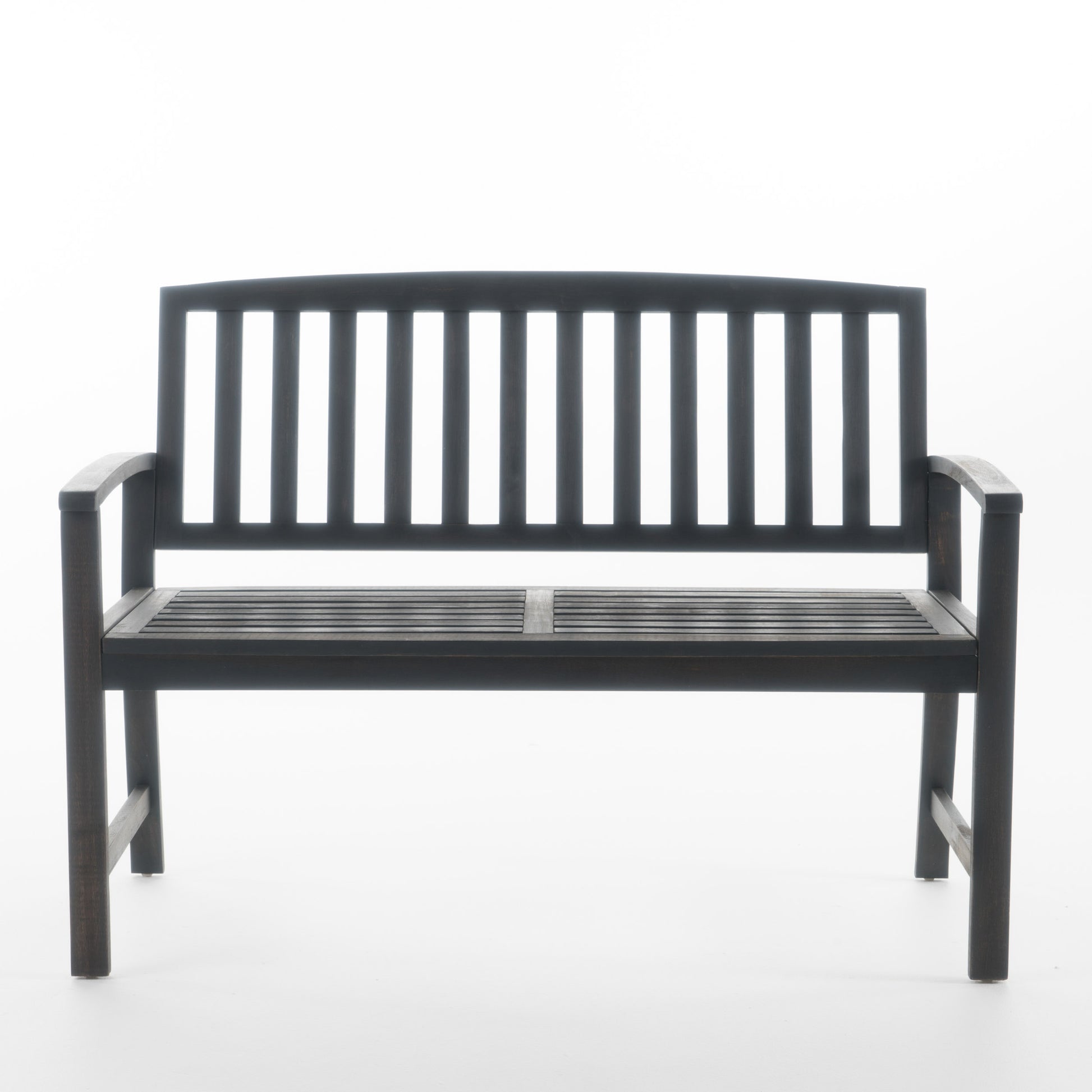 Dark wood outdoor bench with slatted back and seat Perfect garden bench