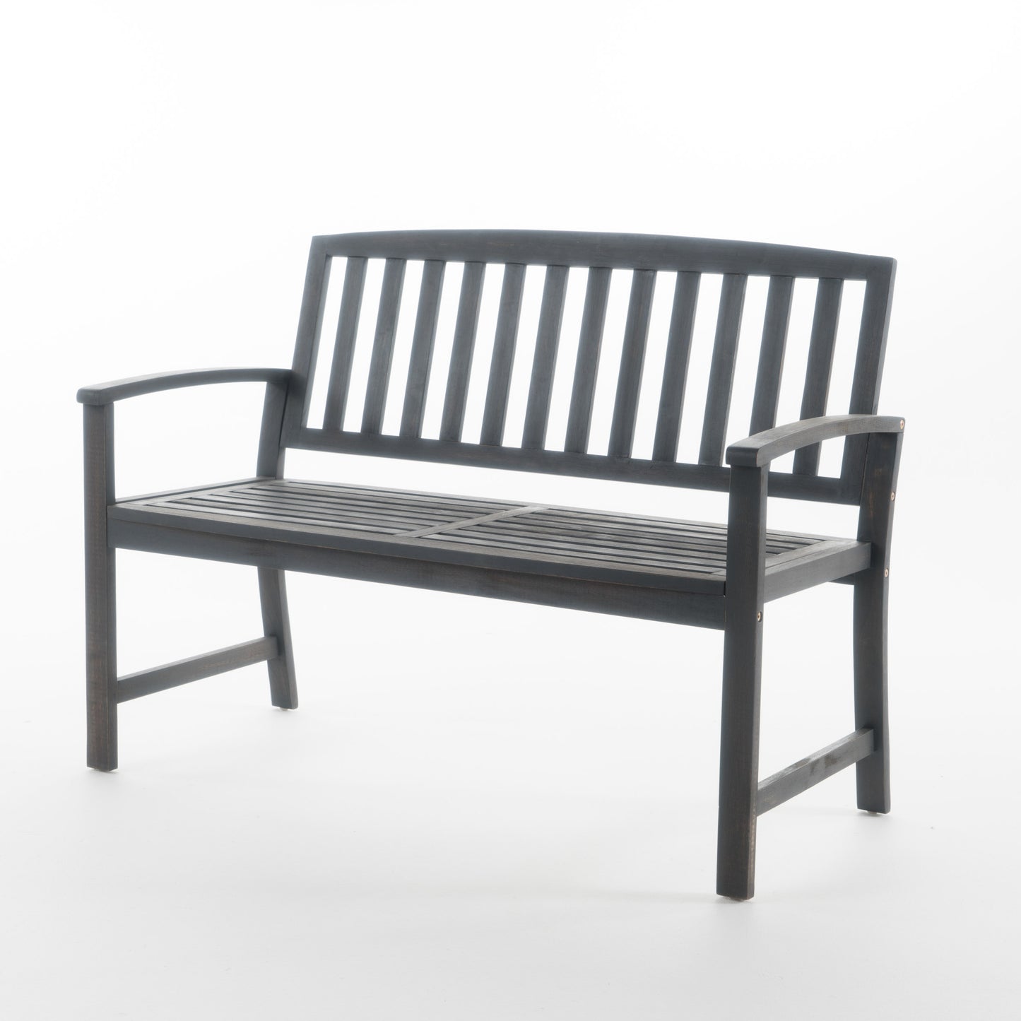 Dark grey wooden garden bench with slatted seat and backrest