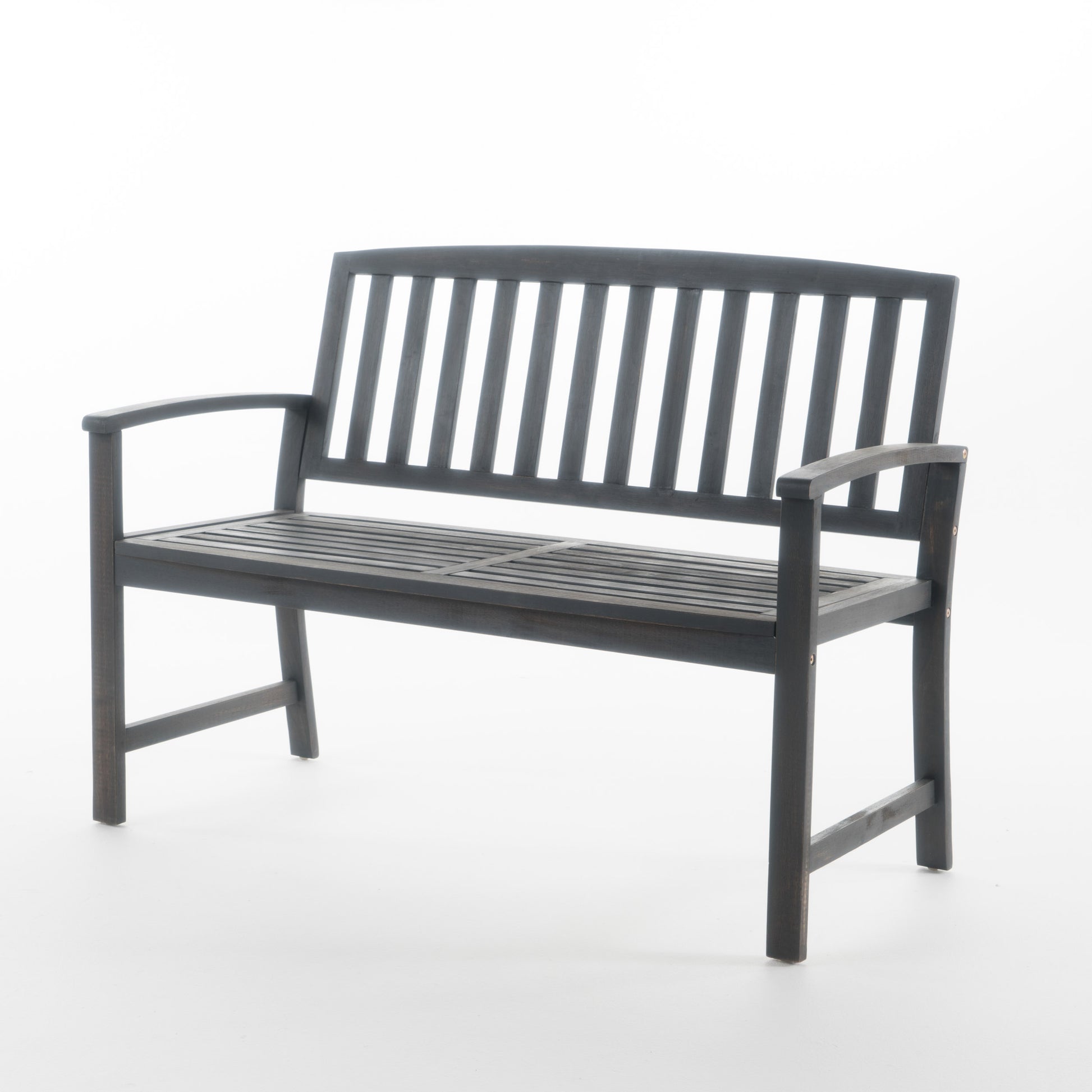 Dark grey wooden garden bench with slatted seat and backrest