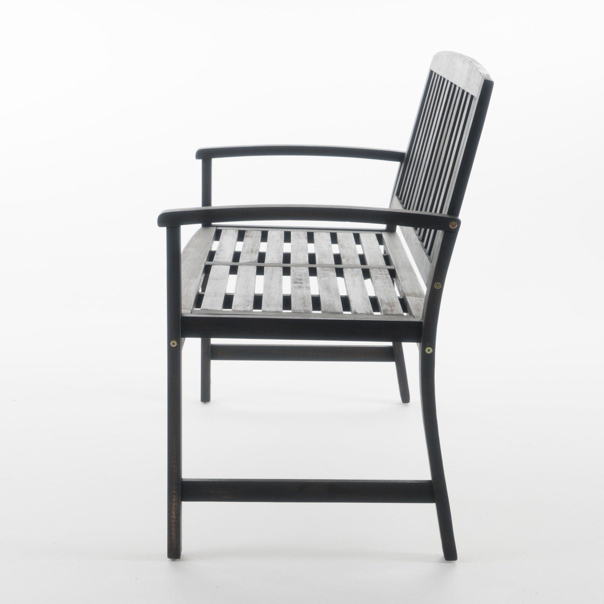 Dark wood slatted garden bench with curved arms perfect for outdoor seating