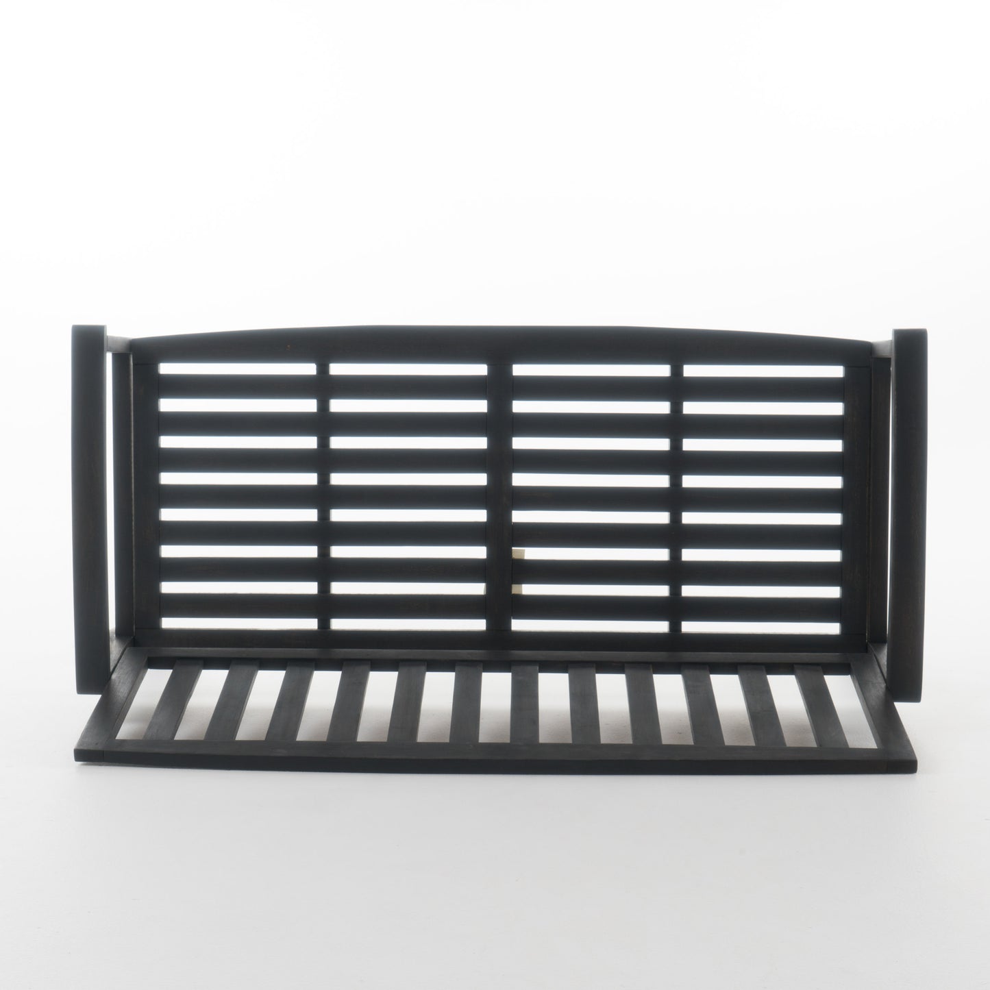 Dark wood modern slatted bench with clean lines perfect for entryway or patio seating