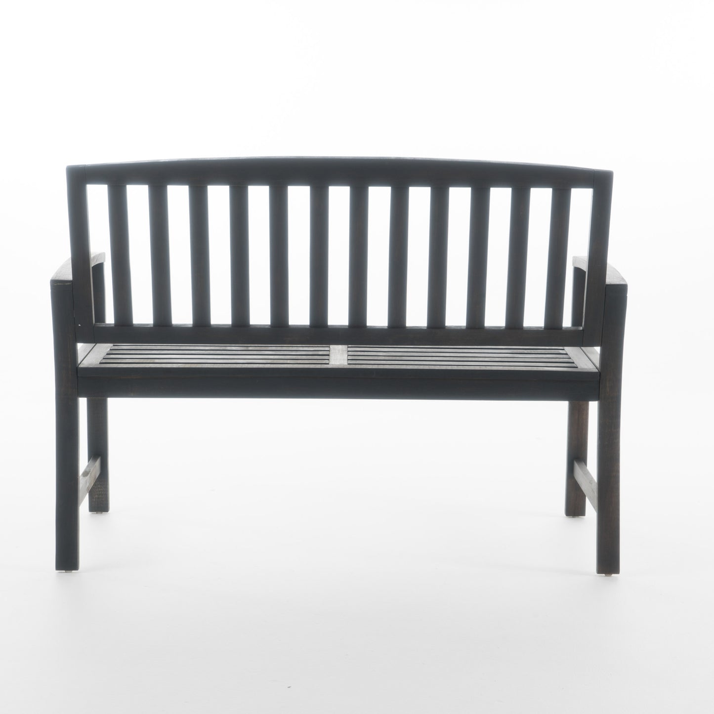 Dark stained wooden garden bench with slatted seat and backrest