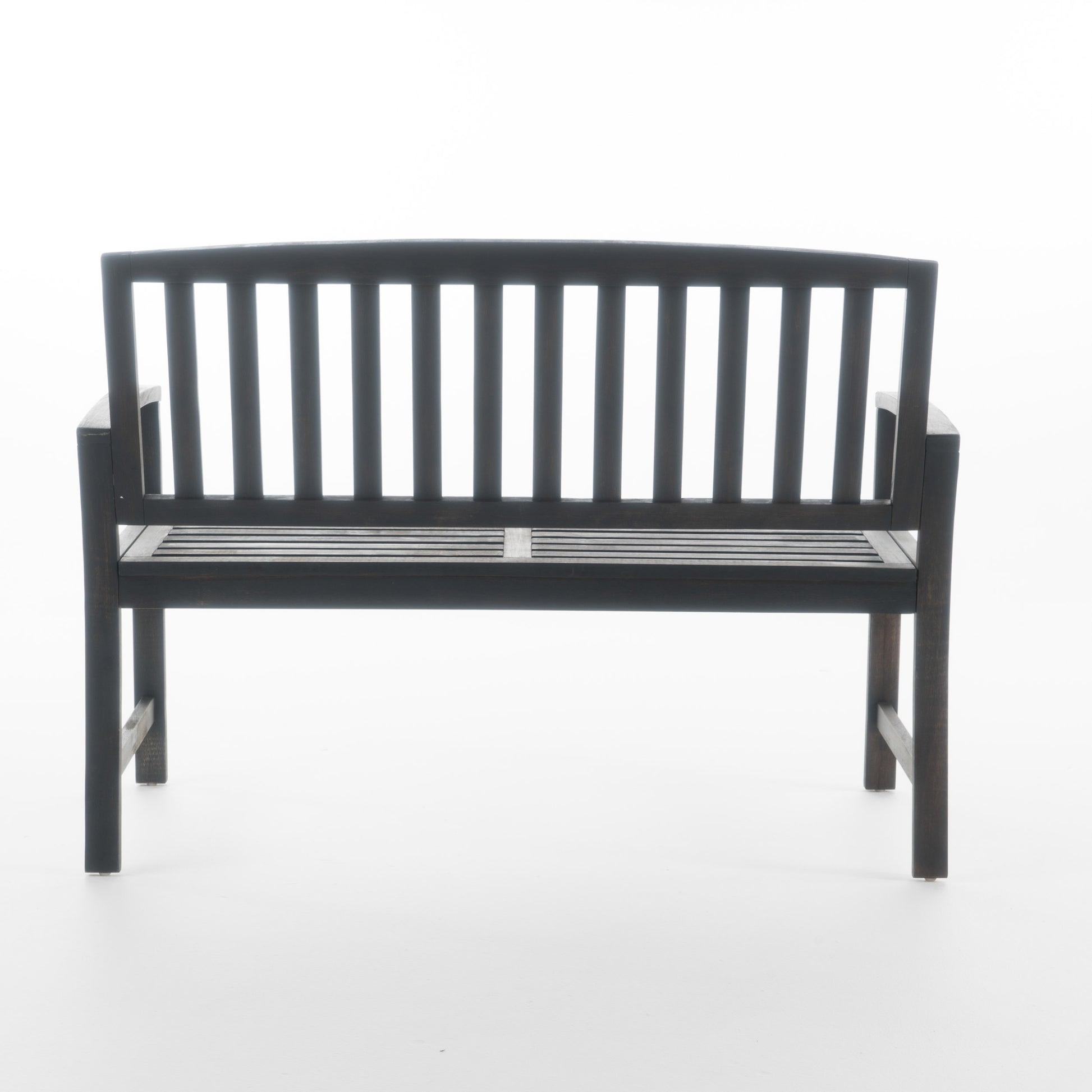 Dark stained wooden garden bench with slatted seat and backrest