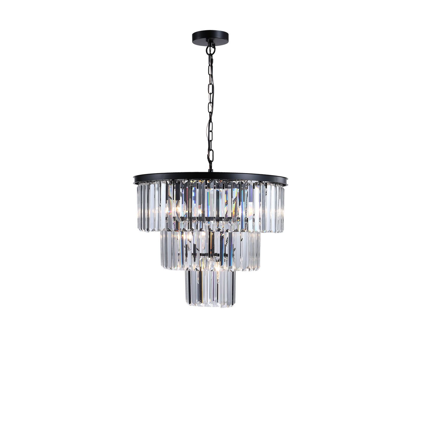 Threetier black metal chandelier with clear crystal prism accents
