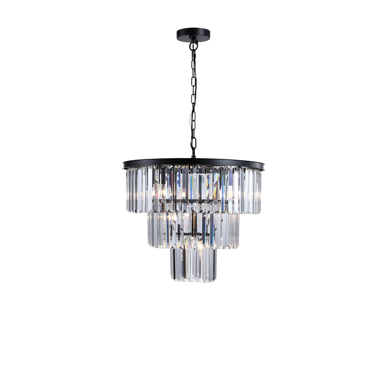 Threetier black metal chandelier with clear crystal prism accents