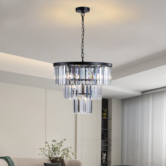 Elegant twotier crystal chandelier with faceted glass and black metal accents