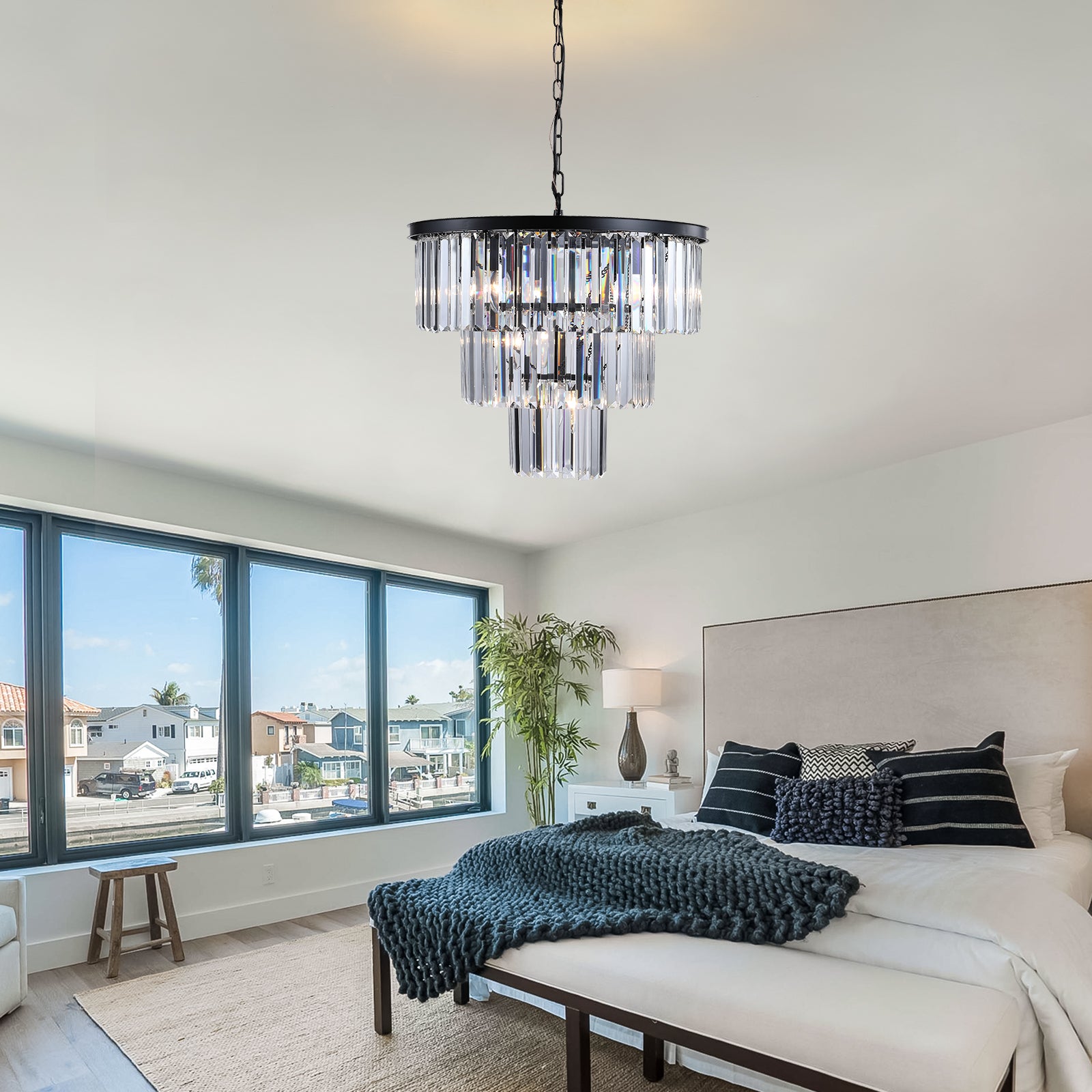 Modern black tiered crystal chandelier with faceted glass prisms