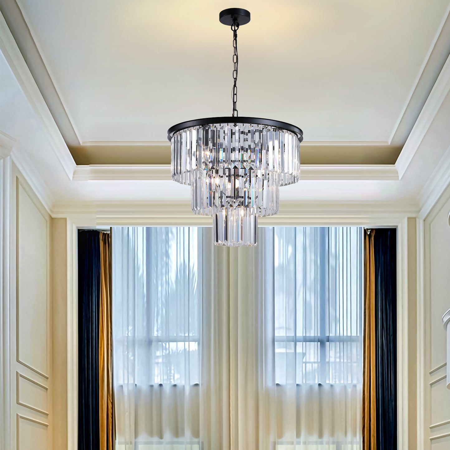 Elegant tiered crystal chandelier with a black metal frame perfect for dining rooms