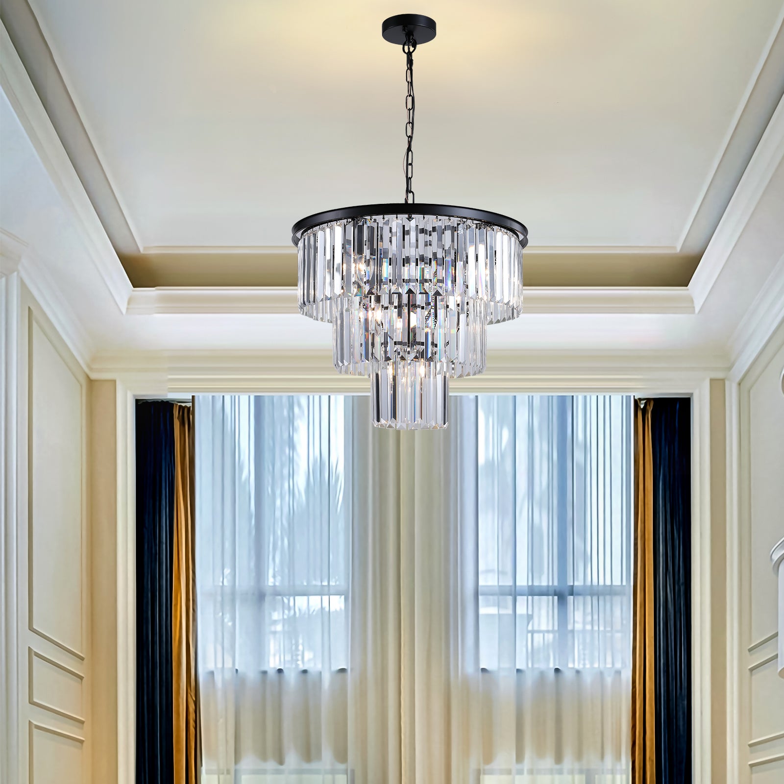 Elegant tiered crystal chandelier with a black metal frame perfect for dining rooms