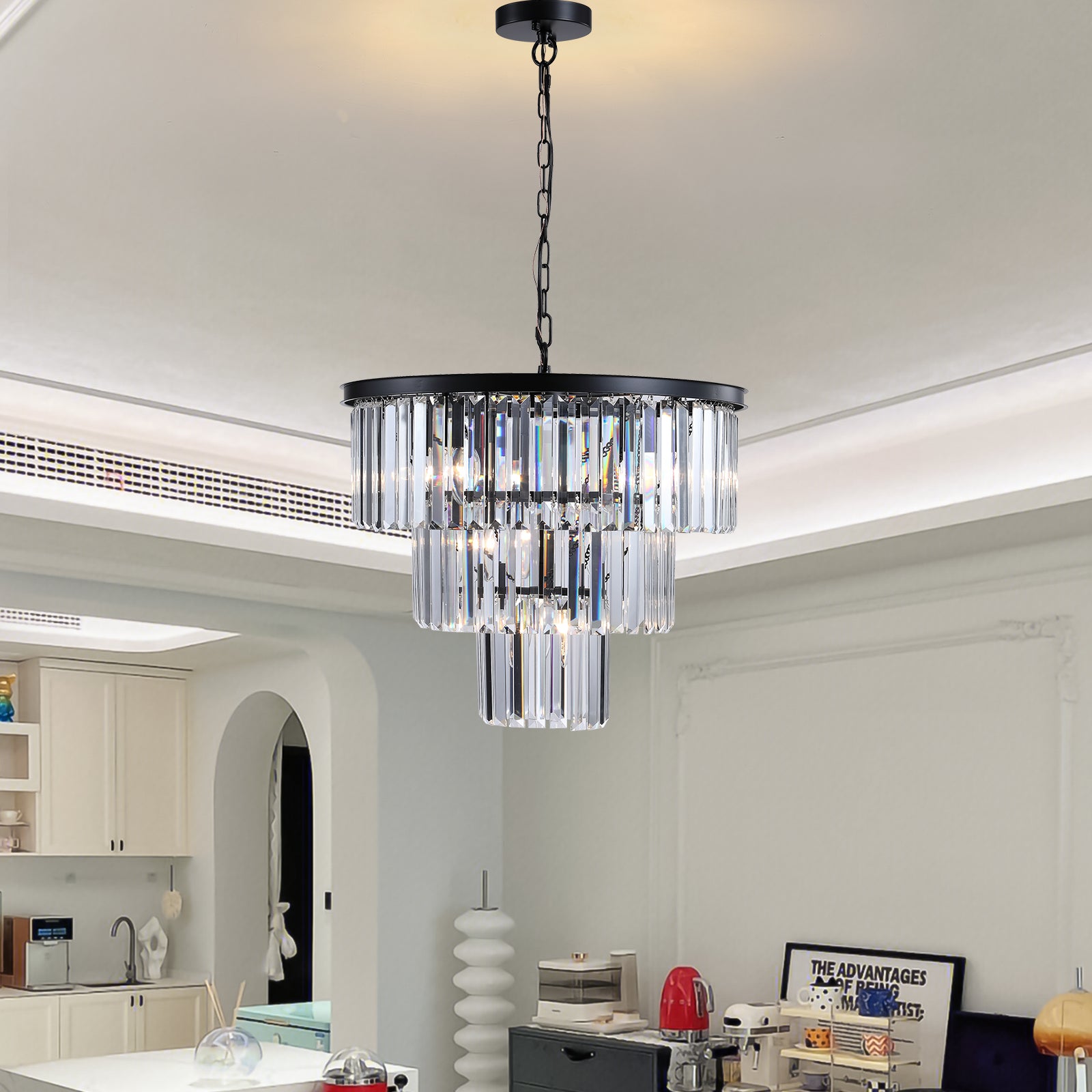 Modern twotier crystal chandelier with black metal frame casting warm light