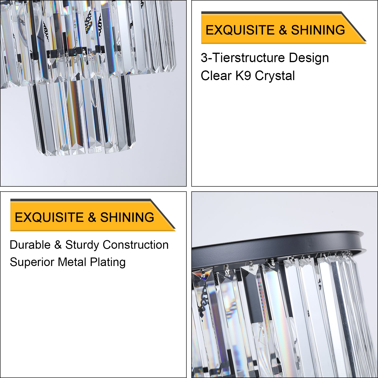 Closeup of multitiered clear K crystal chandelier elements with light refraction