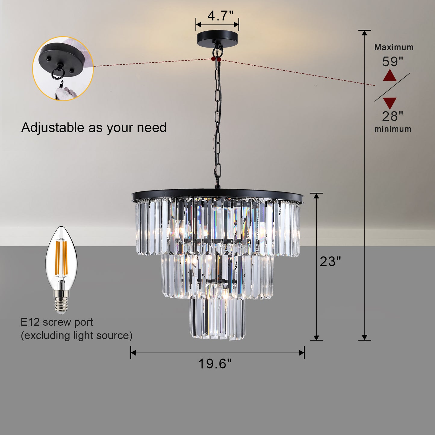 Black tiered crystal chandelier with adjustable height and E screw port