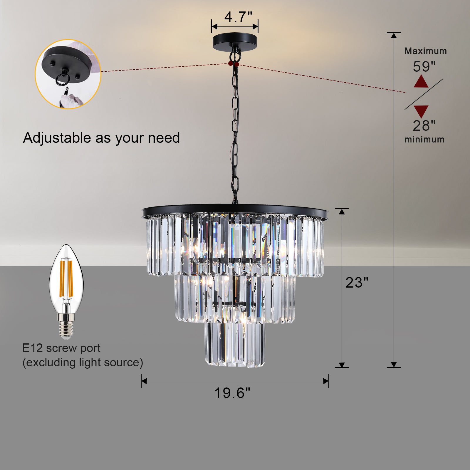 Black tiered crystal chandelier with adjustable height and E screw port