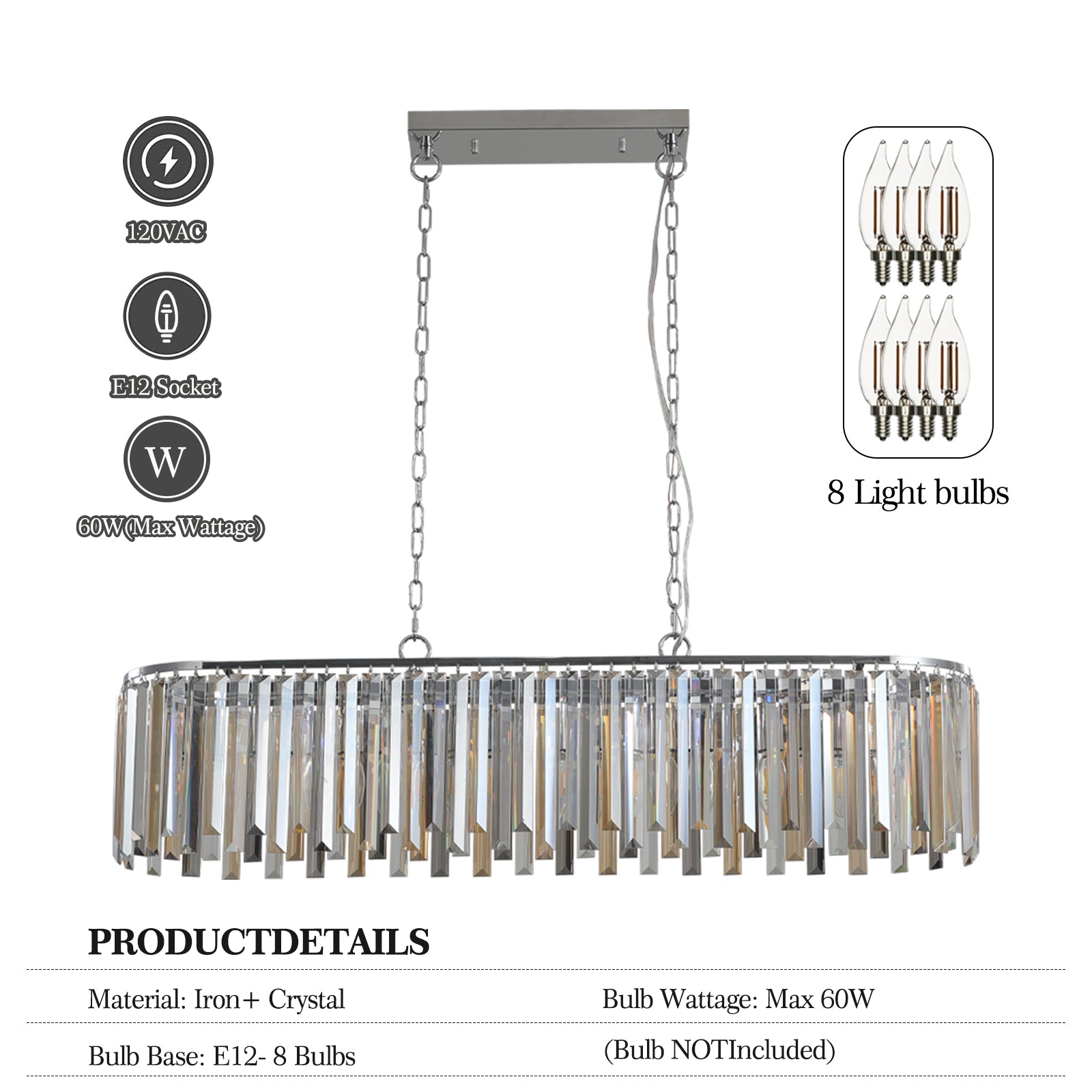 Rectangular crystal chandelier with silver accents and chain suspension  light bulbs