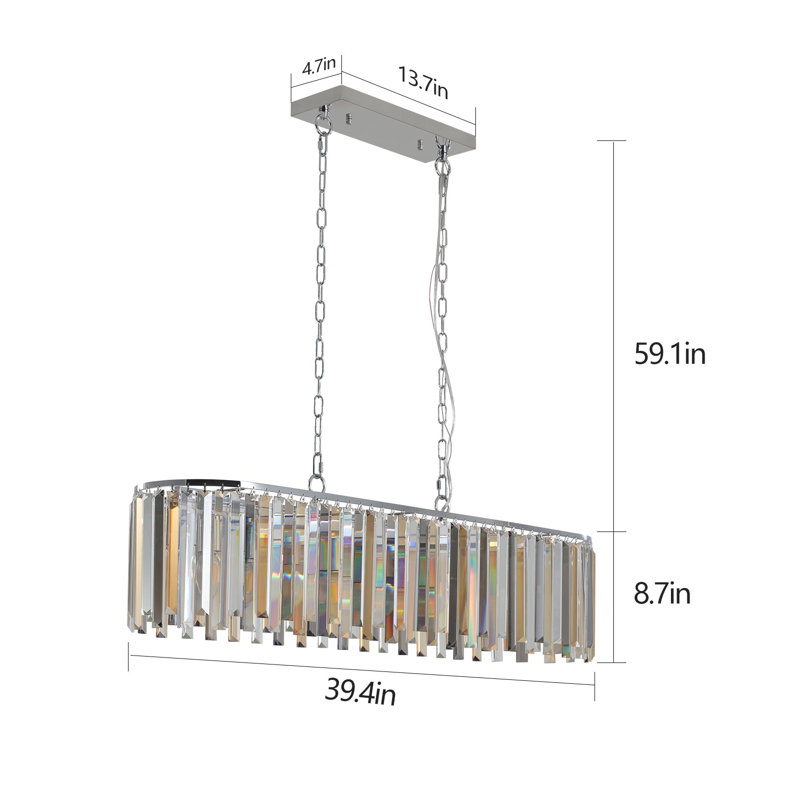 Rectangular crystal chandelier with chrome finish and glass prisms