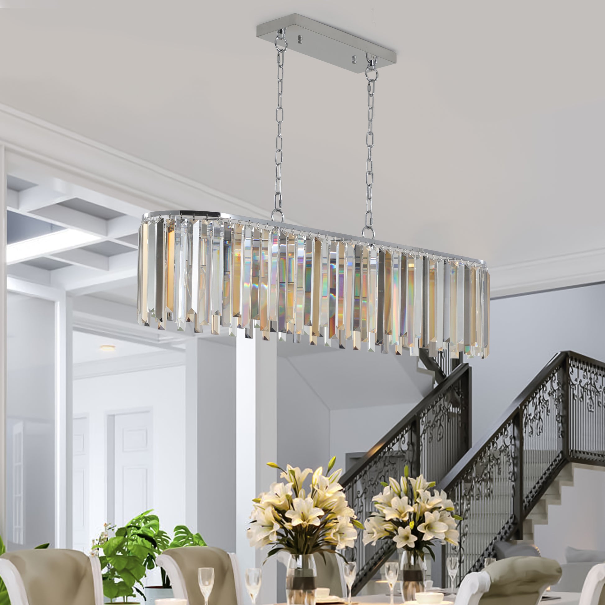 Rectangular crystal chandelier with chrome finish  inches long modern dining room lighting