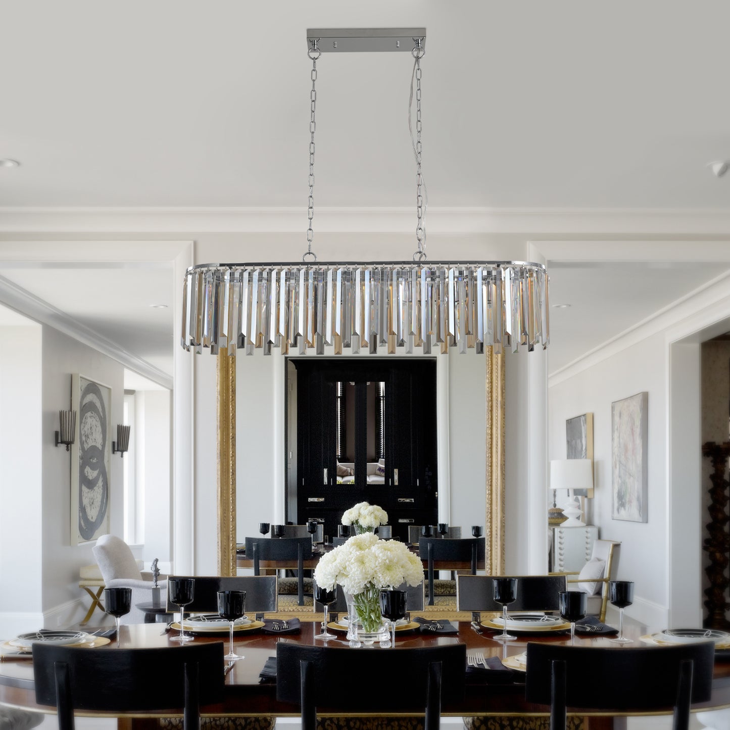 Modern crystal linear chandelier with chrome accents perfect for dining rooms