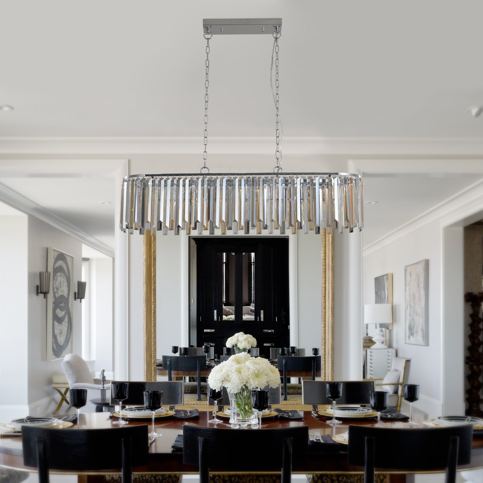 Modern crystal linear chandelier with chrome accents perfect for dining rooms
