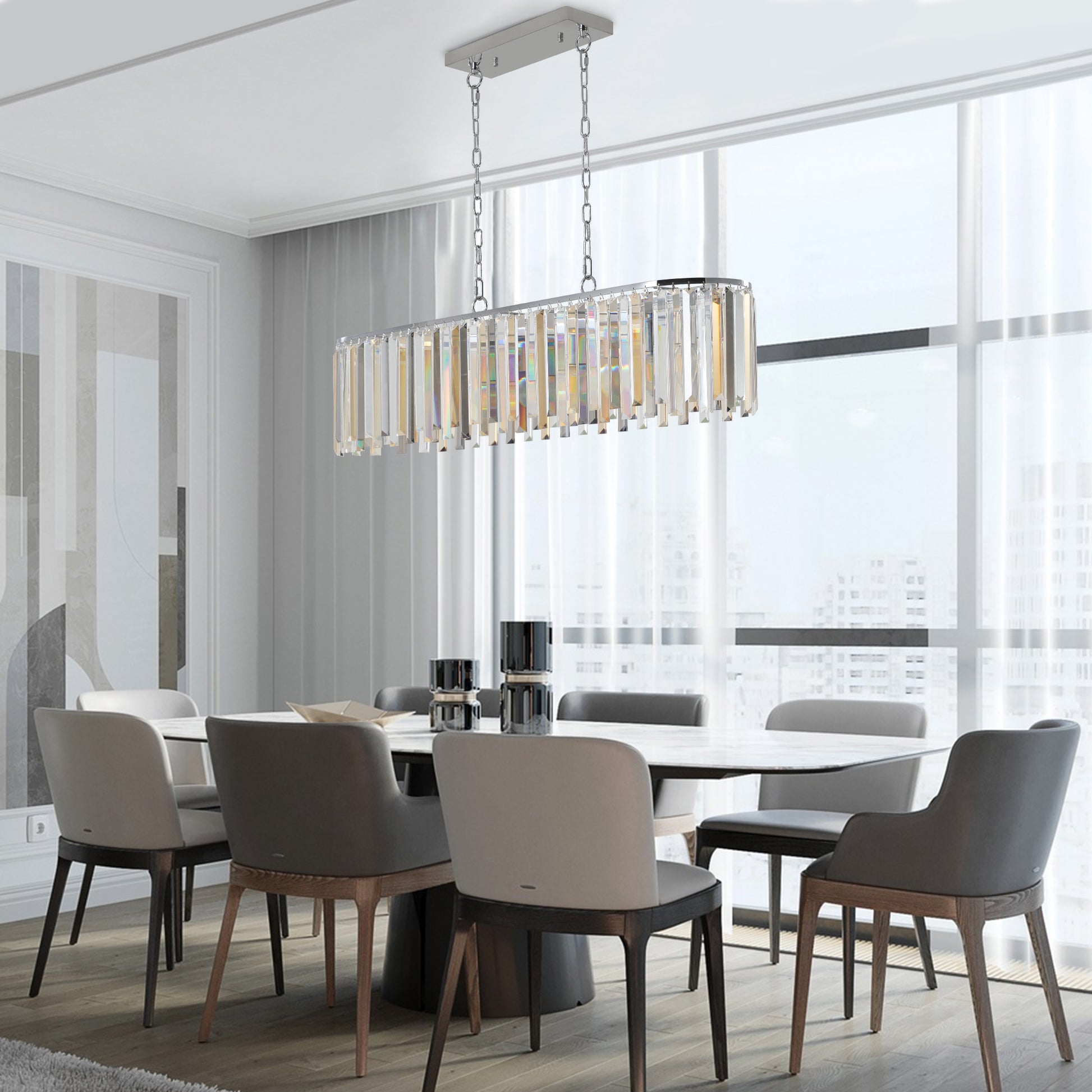 Rectangular modern chandelier with clear crystal prism accents and chrome finish