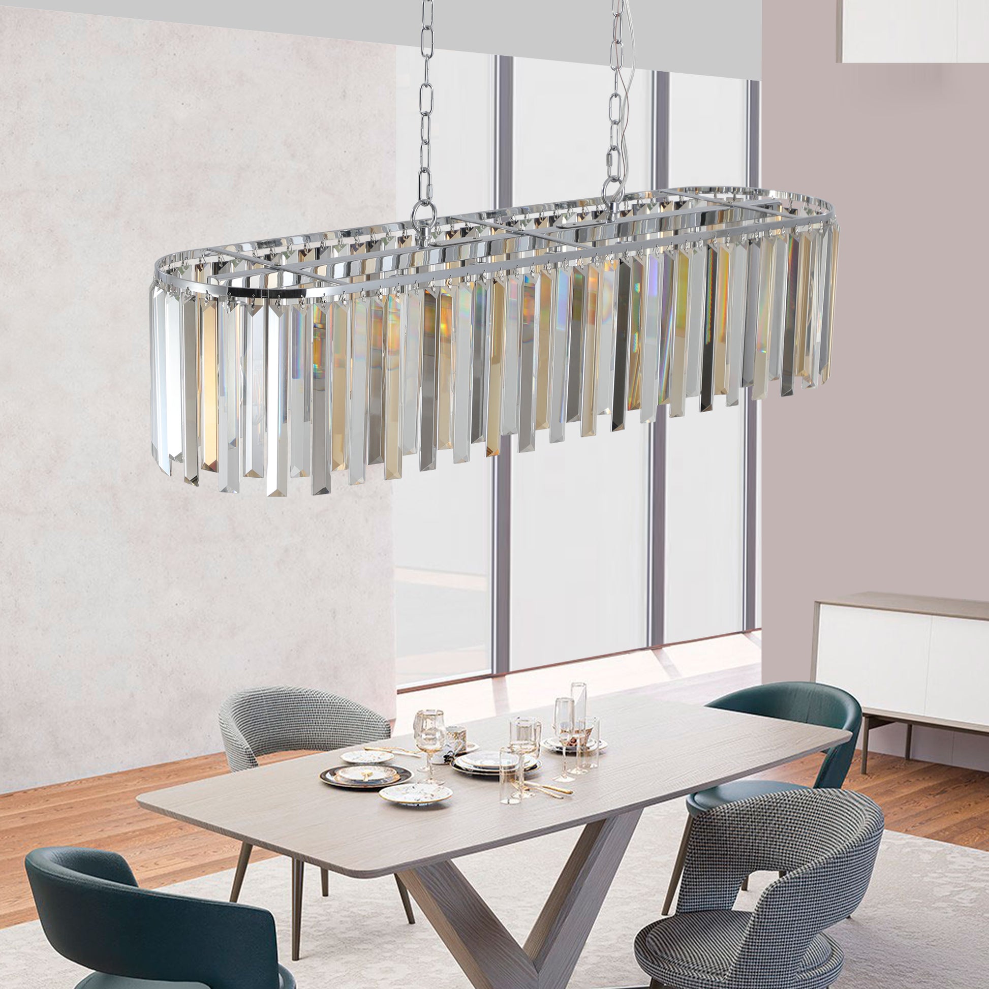 Modern linear crystal chandelier with polished chrome frame elegant for dining rooms