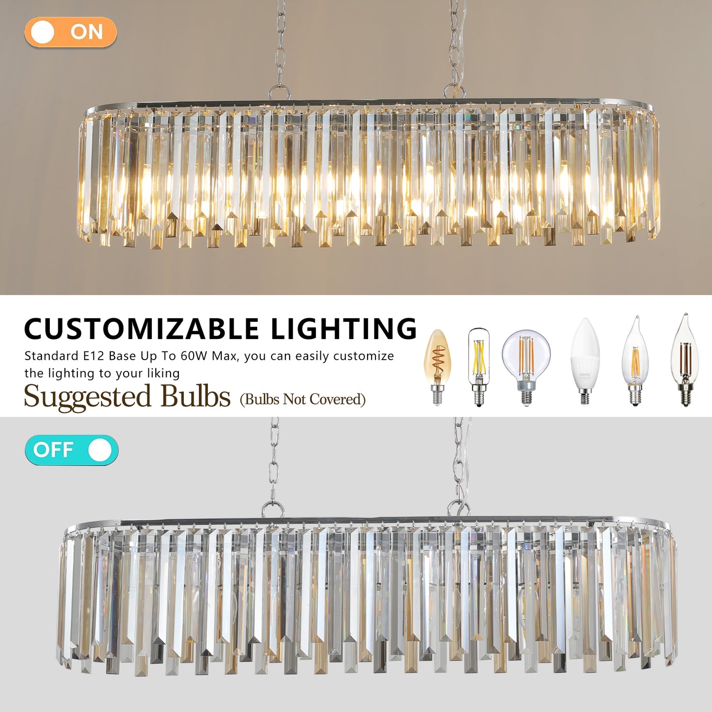 Rectangular crystal chandelier with chrome finish and cascading glass pendants