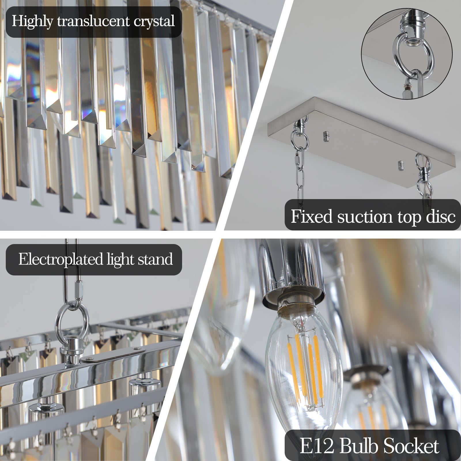 Rectangular chandelier with highly translucent crystals and polished chrome finish
