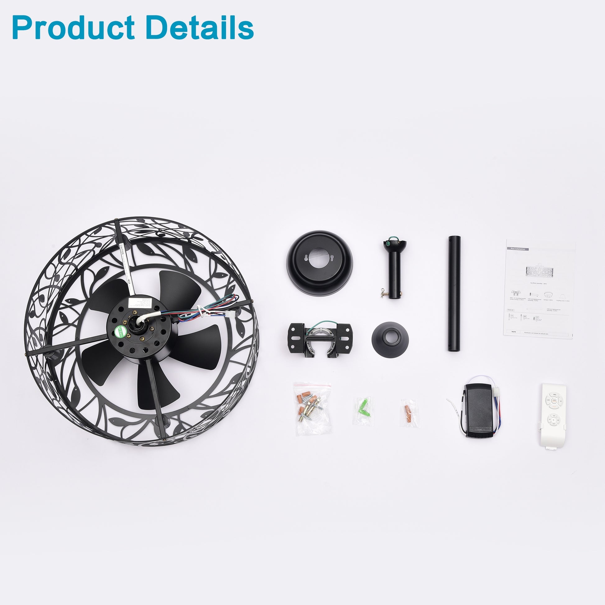 Black metal leaf design ceiling fan with four blades and hardware