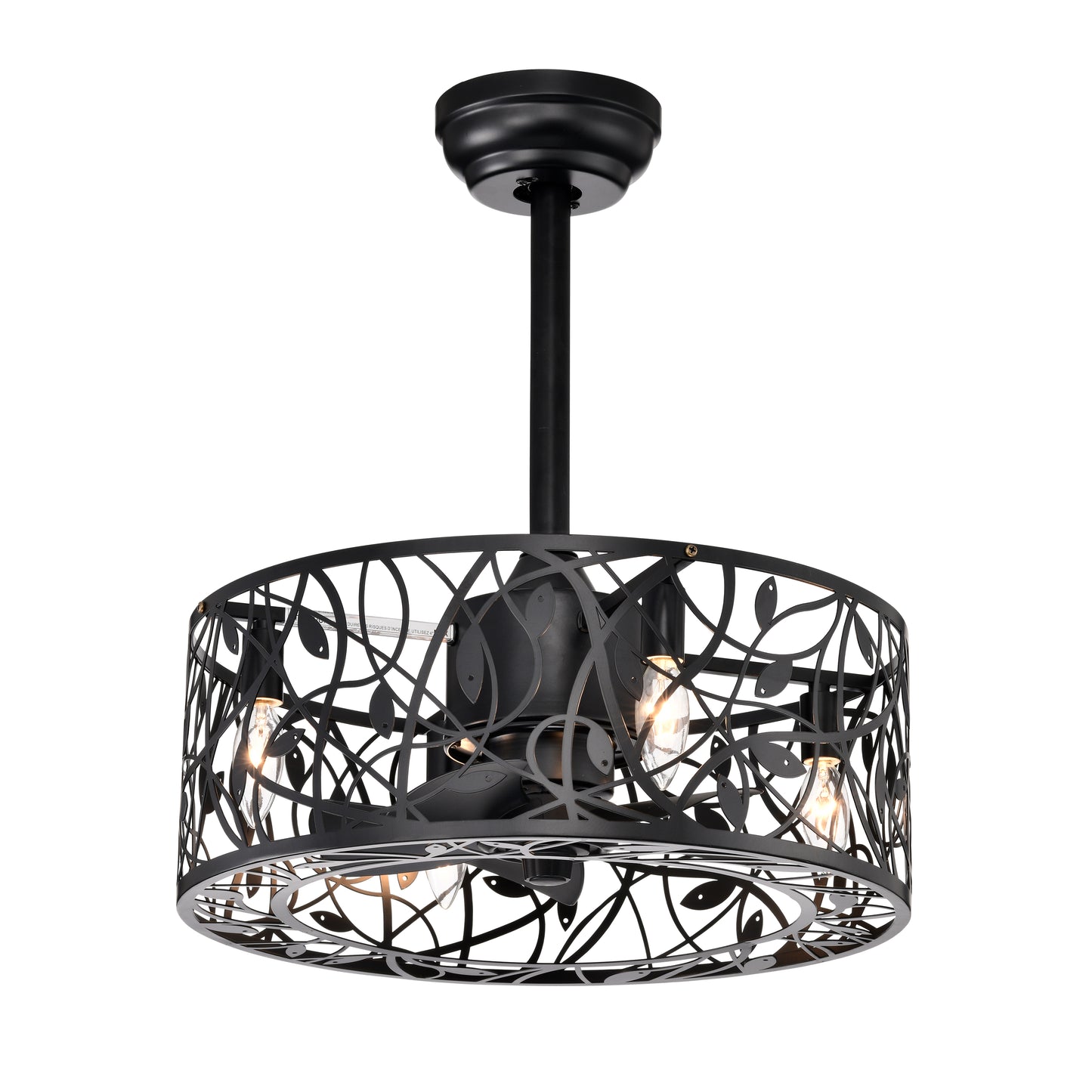 Black flush mount ceiling fan with ornate metal cage and four Edison bulbs