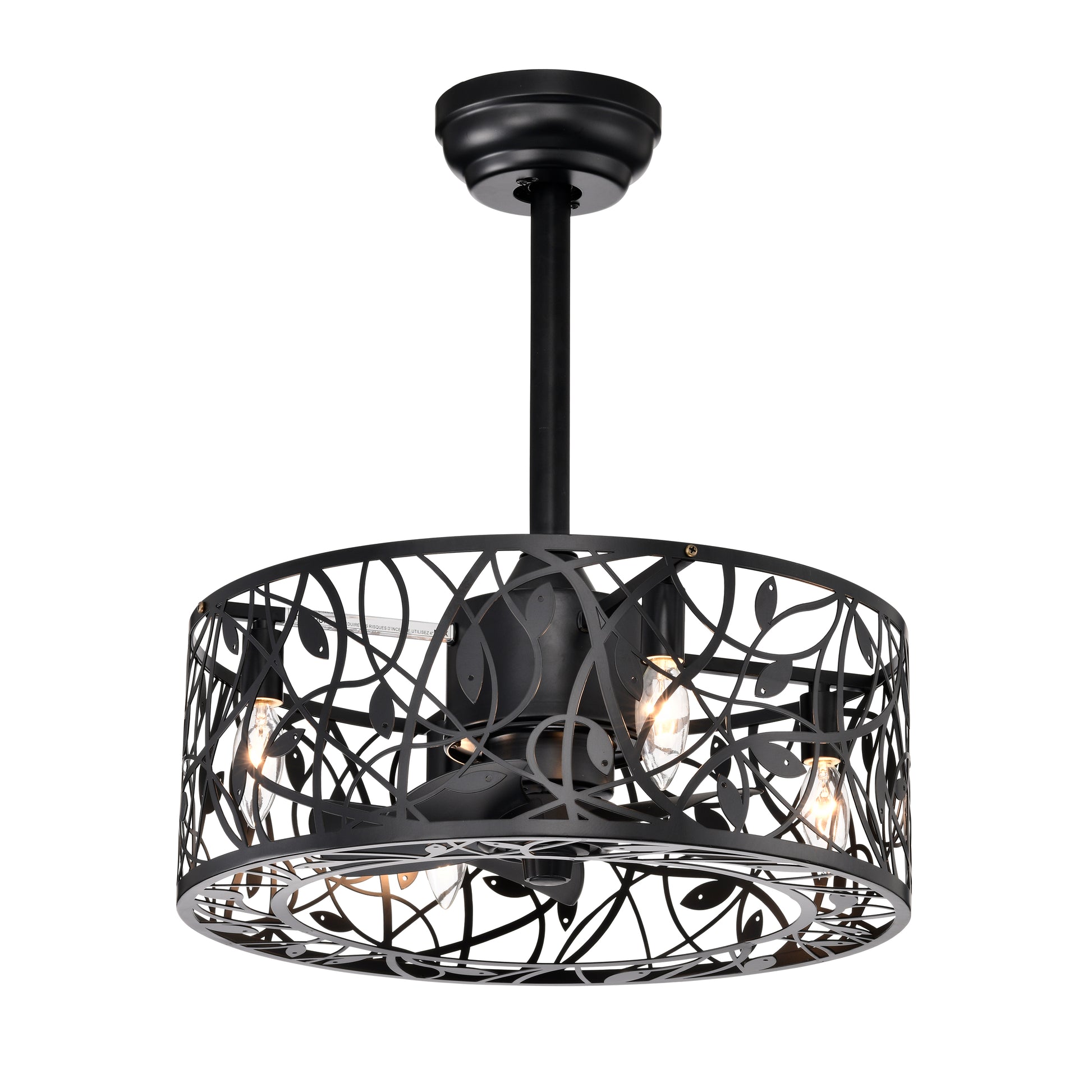 Black flush mount ceiling fan with ornate metal cage and four Edison bulbs