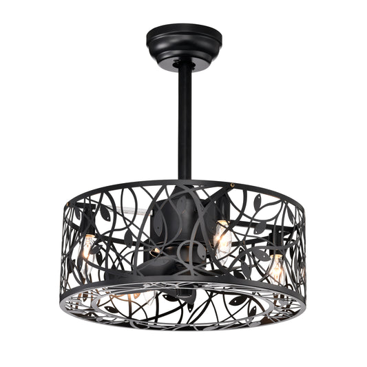 Black flush mount ceiling fan with ornate metal cage and four Edison bulbs