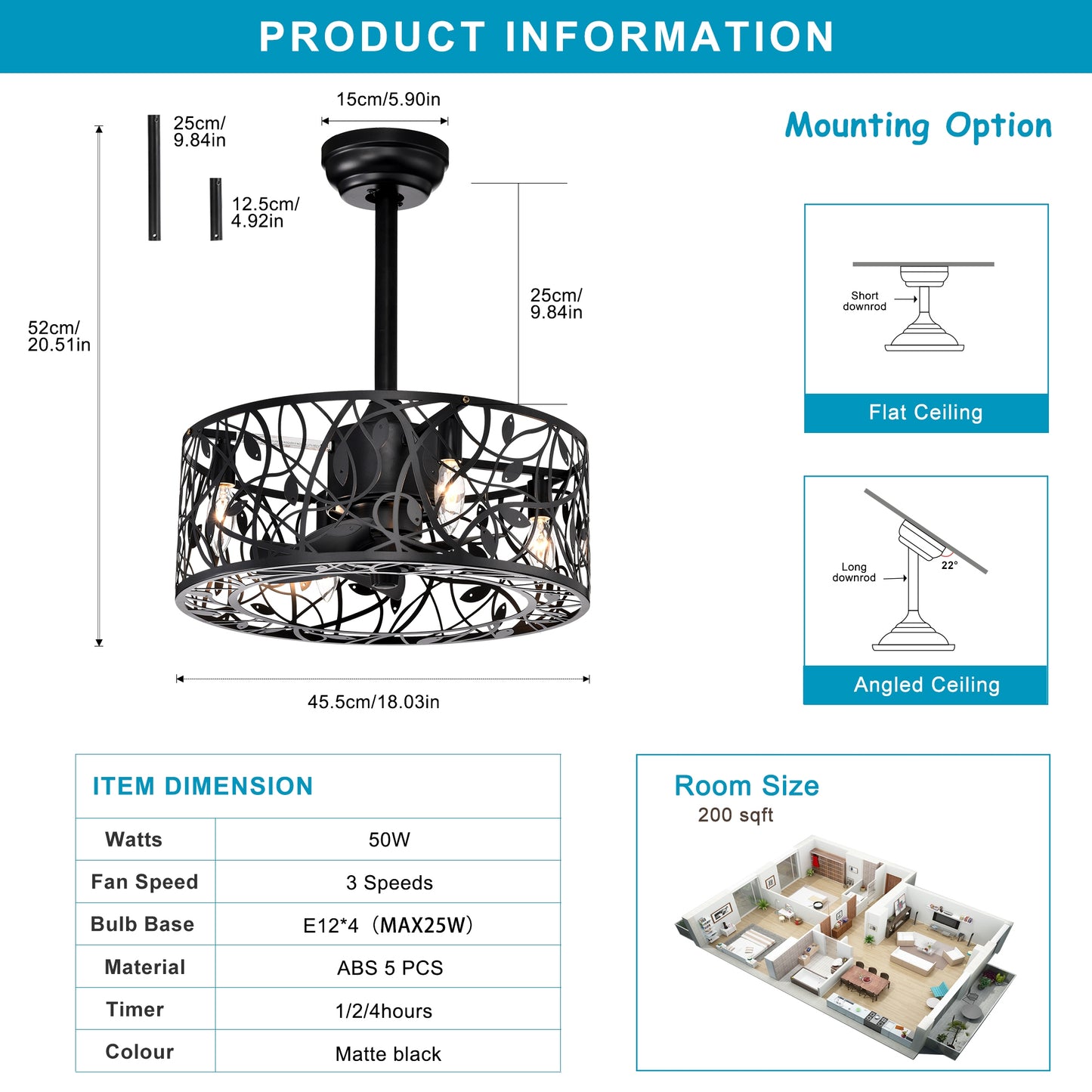 Matte black ceiling fan with decorative metal shade and three E bulbs