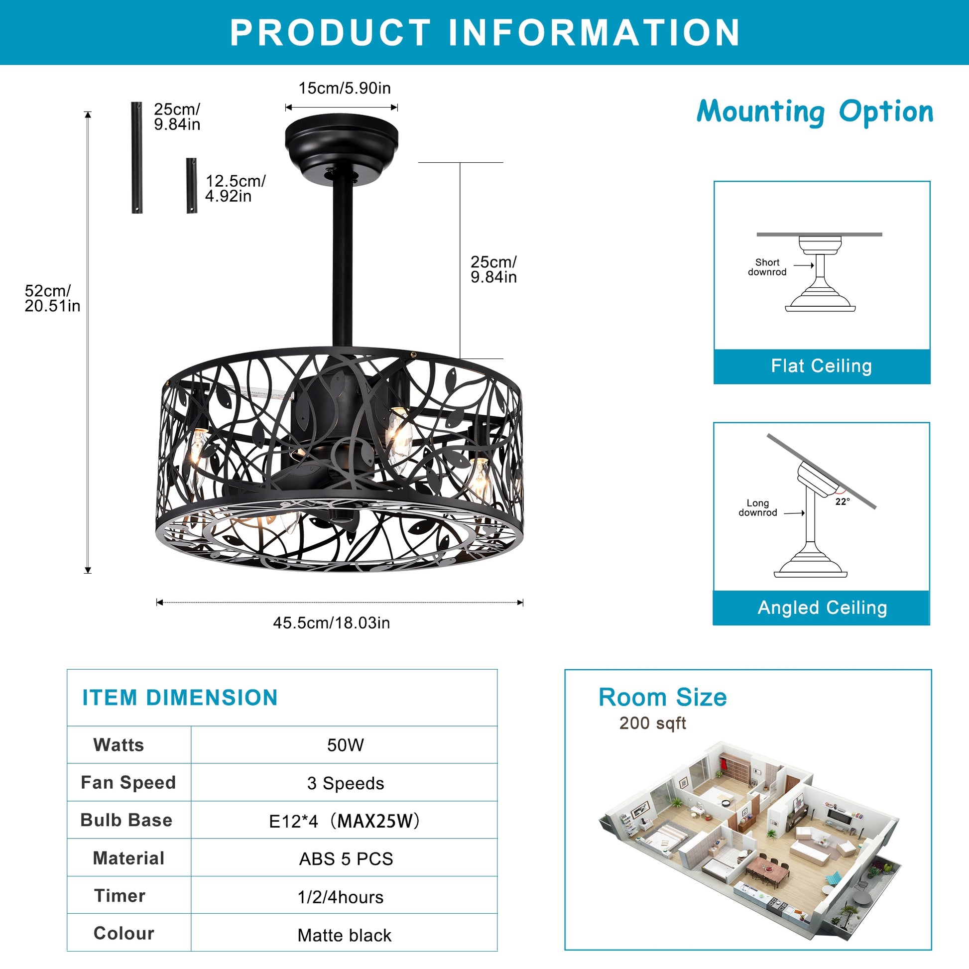 Matte black ceiling fan with decorative metal shade and three E bulbs