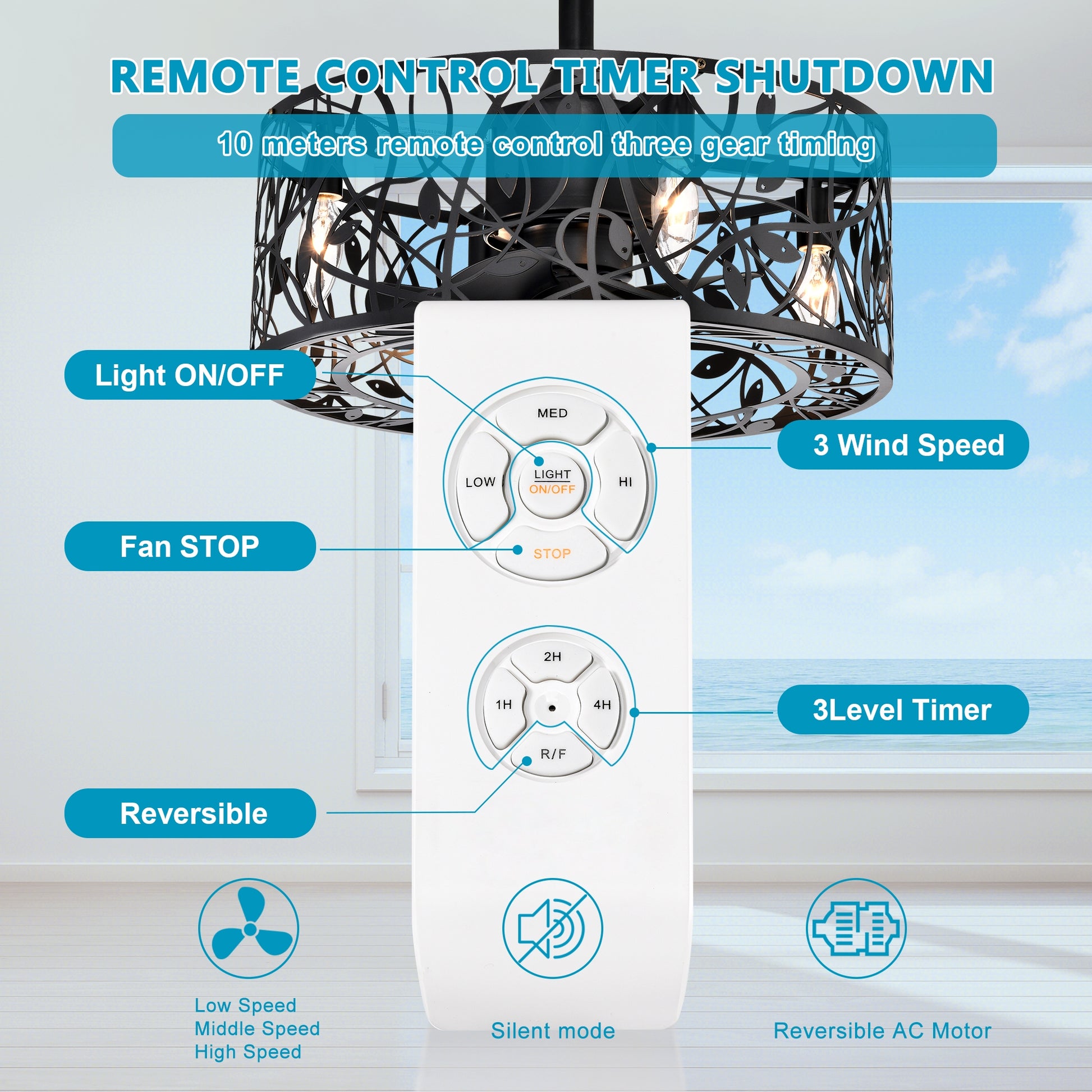 Black metal ceiling fan with decorative leaf pattern featuring remote control functions