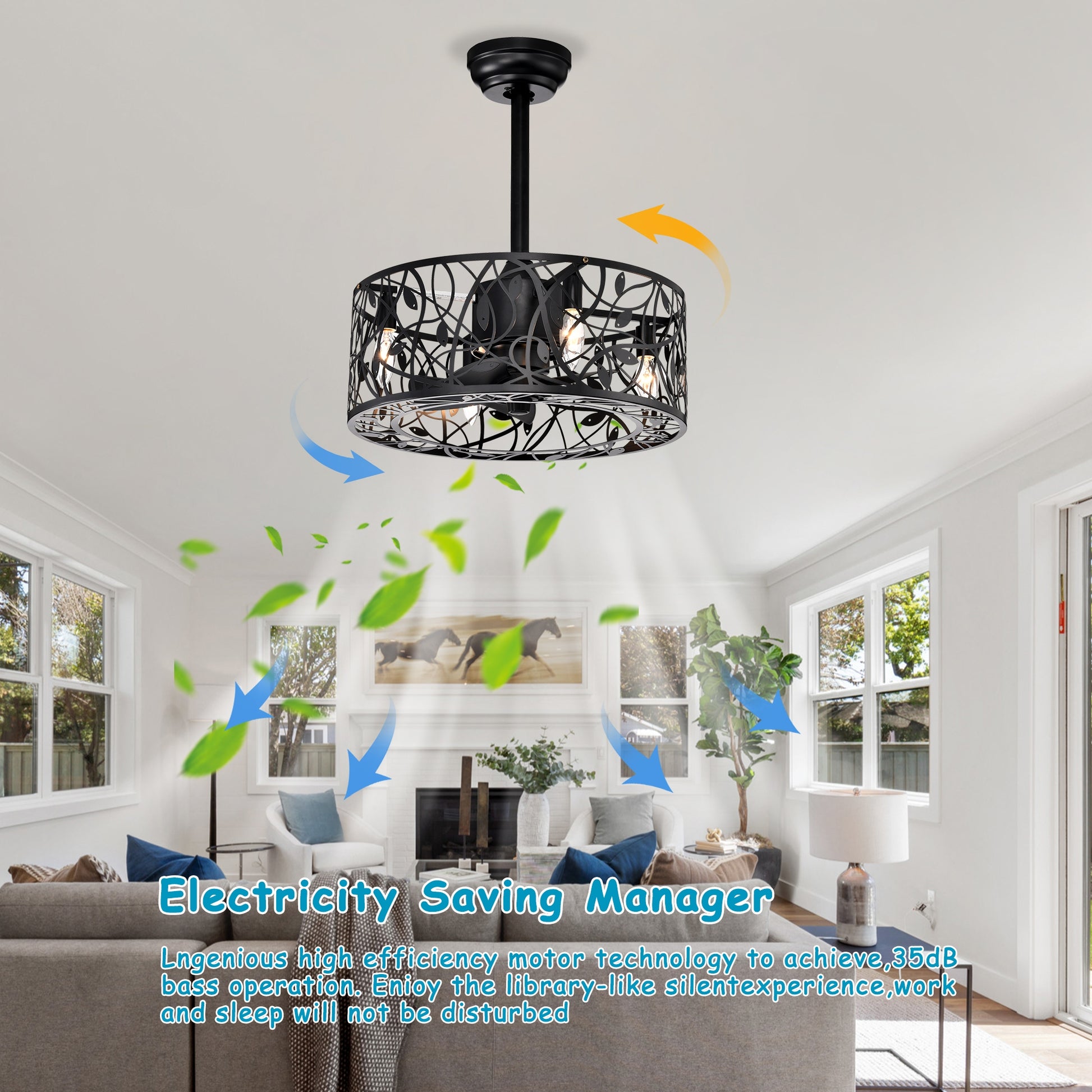 Black metal ceiling fan with intricate leafpatterned cage illuminated by three bulbs