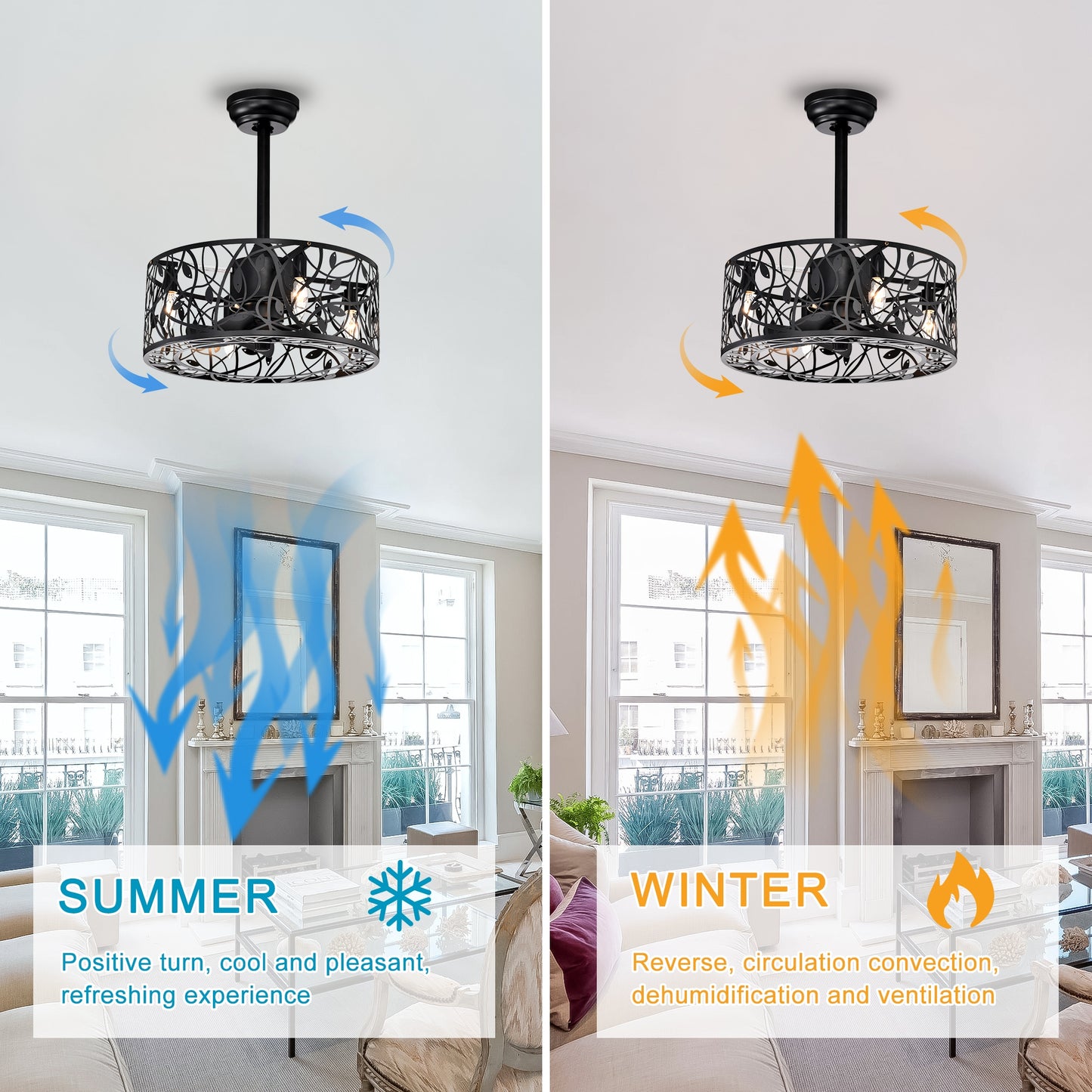 Black flush mount ceiling fan with ornate leafpattern cage and three Edison bulbs