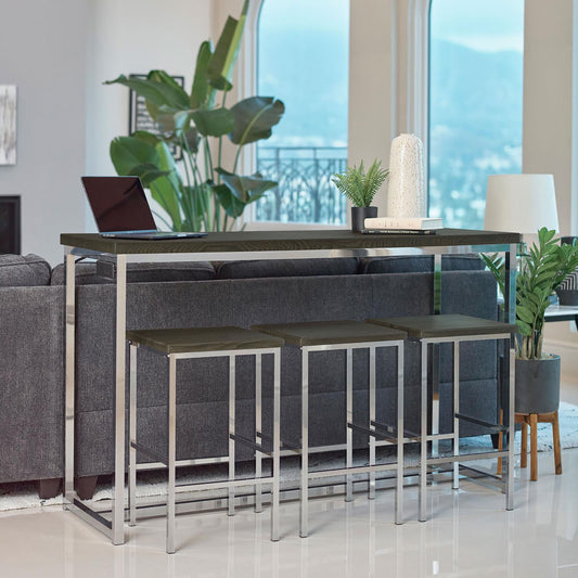 Dark wood and chrome bar table with three matching stools perfect for a breakfast nook